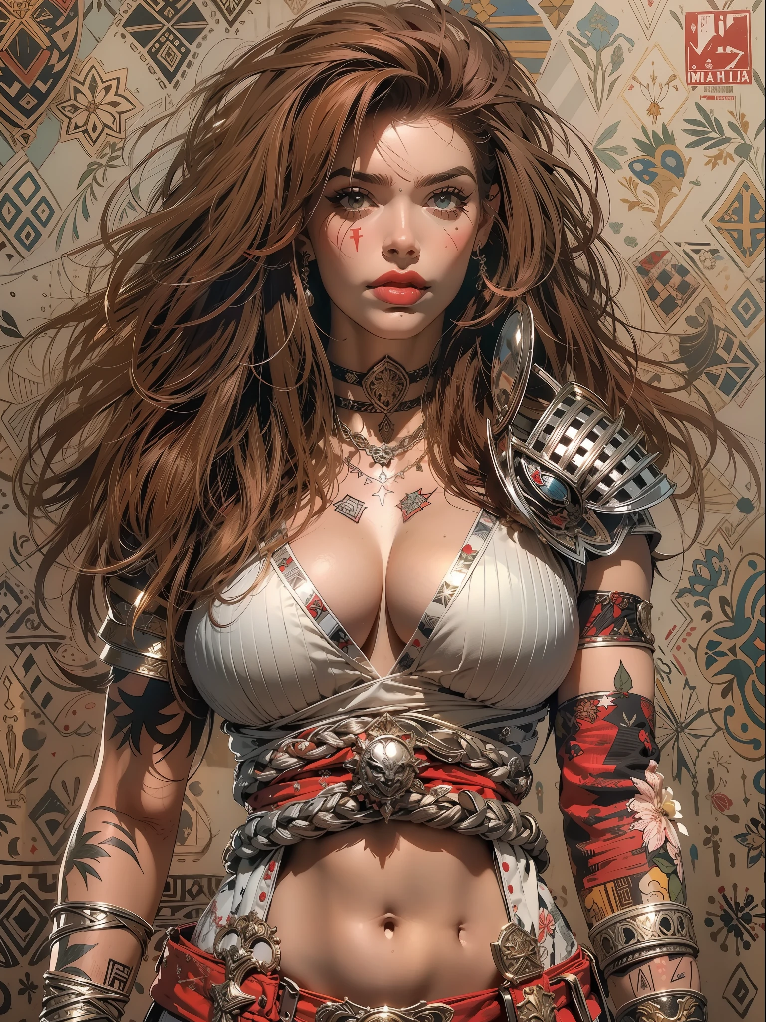 (((mulher))), (((melhor qualidade))), (((obra prima))), (((adulta))), Uma guerreira mulher de 35 anos com corpo perfeito, Brooklyn Gladiators, (( under boobs )), quase nua no estilo selvagem urbano de Simon Bisley para a capa da revista Heavy Metal, cabelo loiro, Minimum clothing, red and white checkered pattern, armadura, cheio de pontas e rebites, tatuagem tribal, (((do joelho pra cima))), cabelo desalinhado