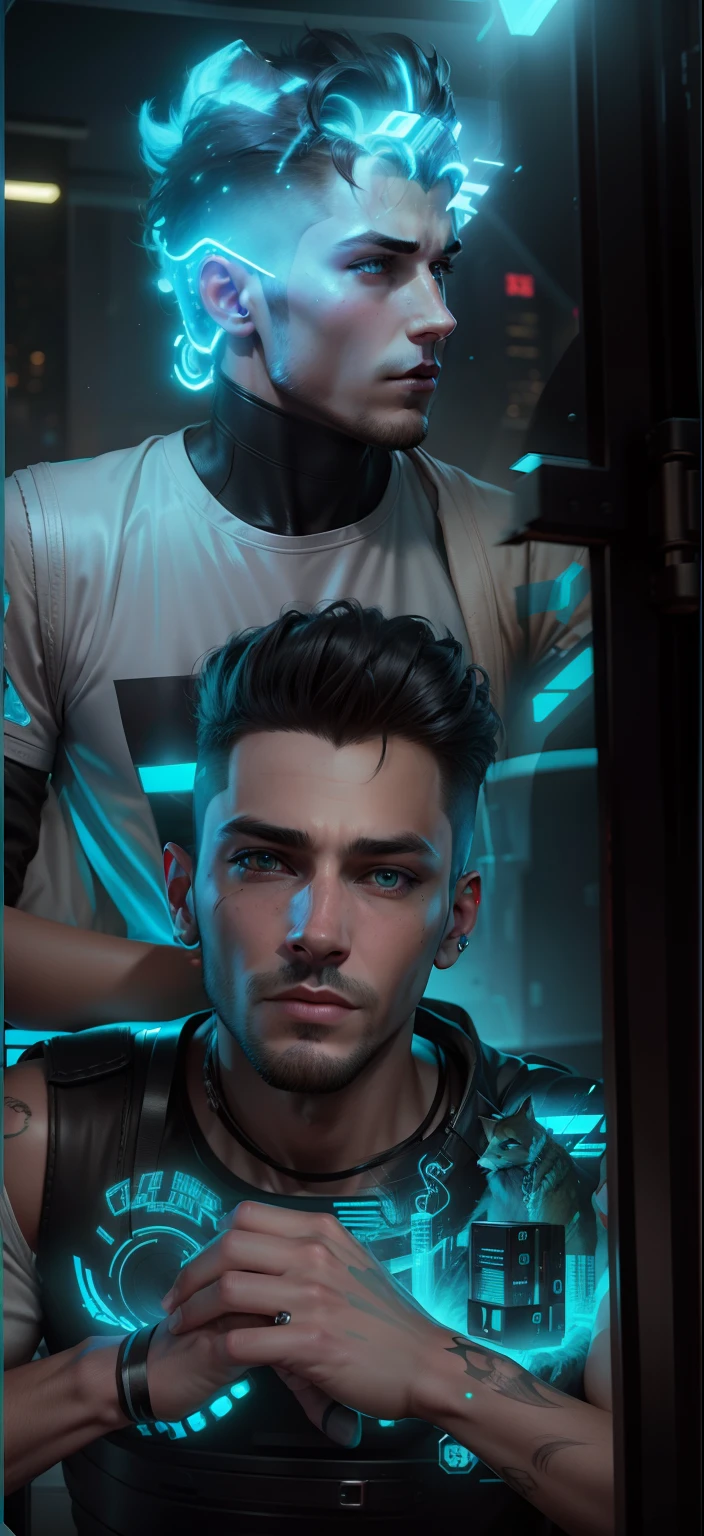3d Cyberpunk handsome boy ultra realistic with dog 4k+HDR with cat