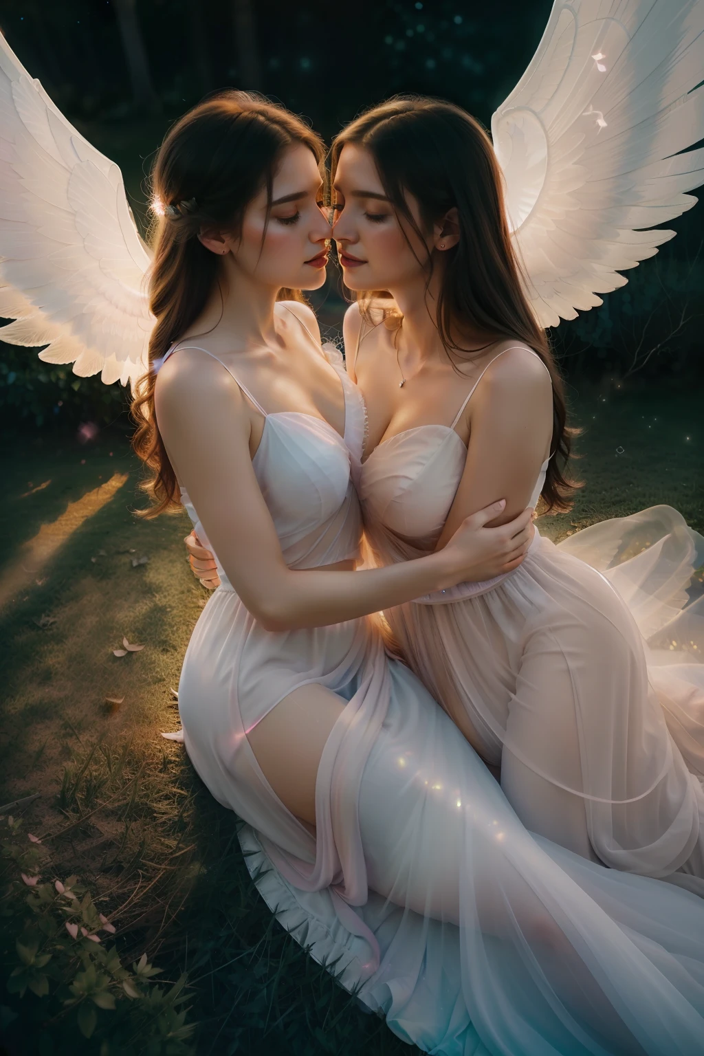 Luminous Heart Embrace, Angelic Figure (((enveloped in radiant ethereal wings))), Aerial View, Hyper-Realistic Rendering, ((Soft Lighting)) Embracing Dusk, ((Romantic Art)) with a Modern Twist, Influenced by Renaissance Masterpieces, Intimate Moment, (((Whispers of Love))), ((Gentle Glowing Halo)) Emphasizing Connection, Subtle Bokeh, Photo Composition, 4K Resolution, (((Pastel Tones))) Infused with Golden Hues, Vibrant and Dreamlike, Emotionally Charged Expression, Starry Night Sky Background, Masterful ((Use of Shadows)), Underlying Passion, Transcendent Atmosphere, Painterly Touch, Post-Processing Magic.