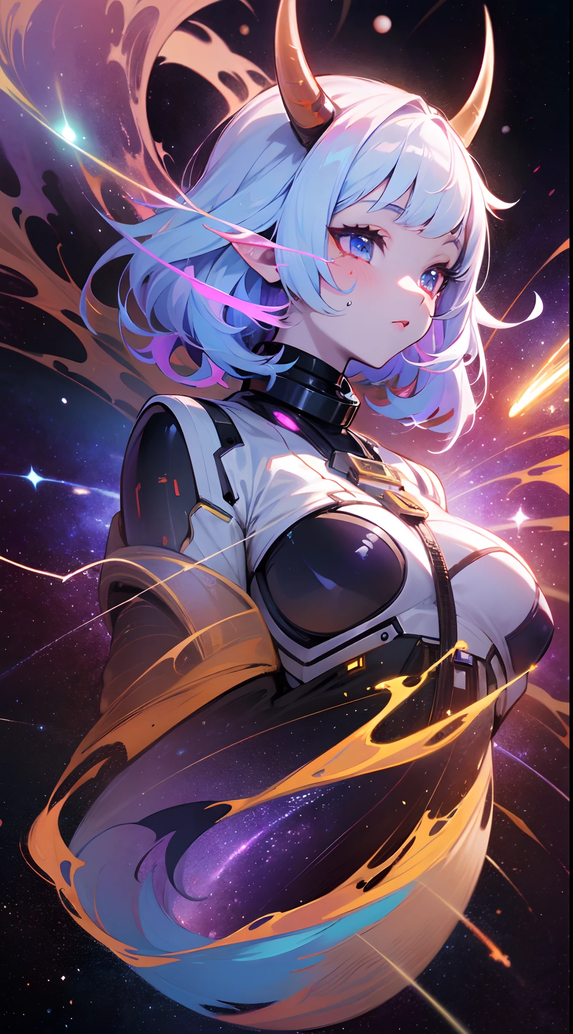 ((full body)) oni, demon girl, cosmic energy face markings, horned crescent moon, galaxy-painted hair, celestial, cosmic ((galactic skin)), starship observatory, exploring interstellar wonders, fusing magic with science, detailed face, cosmic wand, space-explorer suit, wholesome