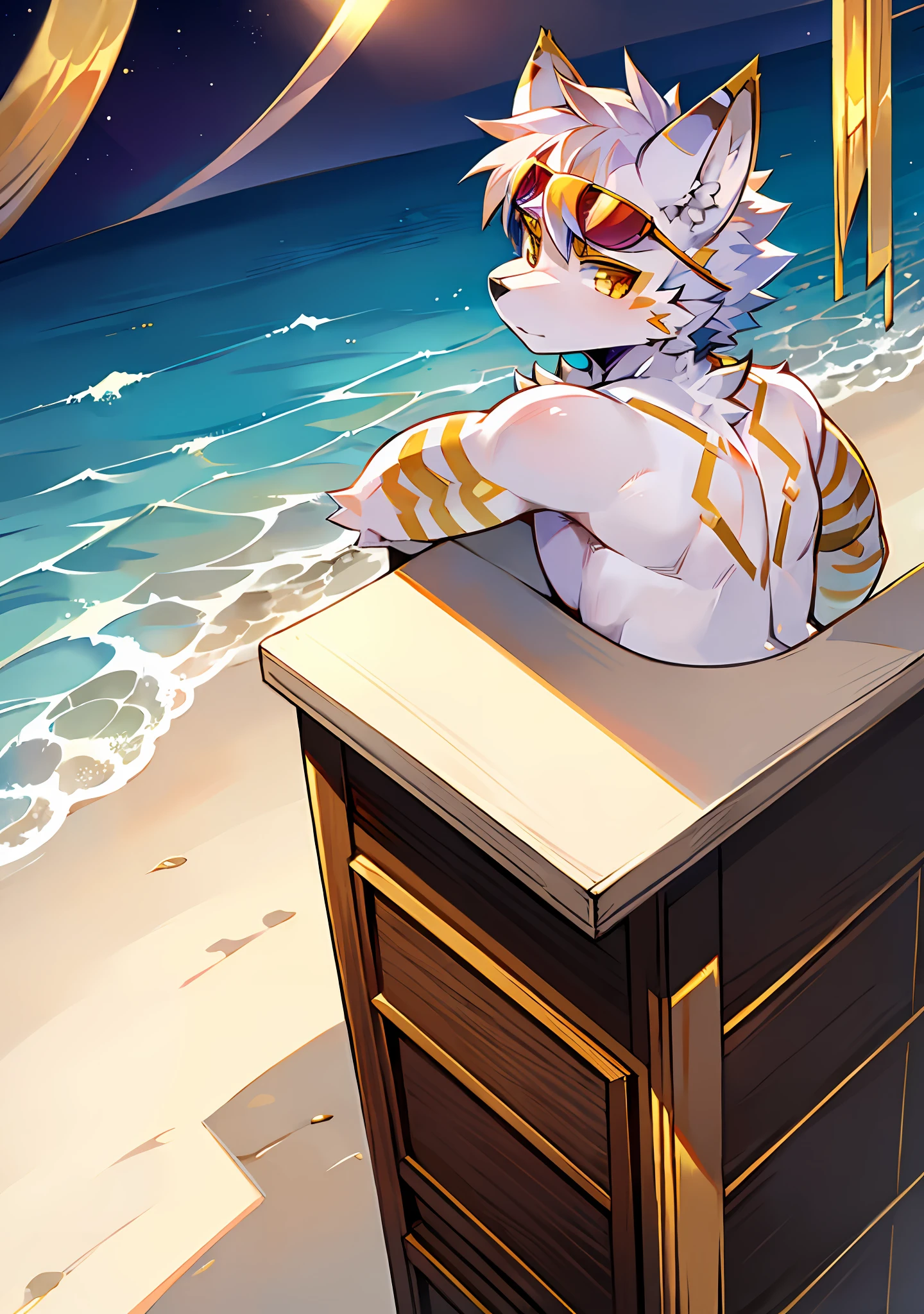 White wolf，独奏，There are gold stripes around the ears，Gold eyes，Handsome，adolable，Wearing sunglasses，Wearing black panties，Have by the sea，sentado na praia，Facing the audience，Naked upper body