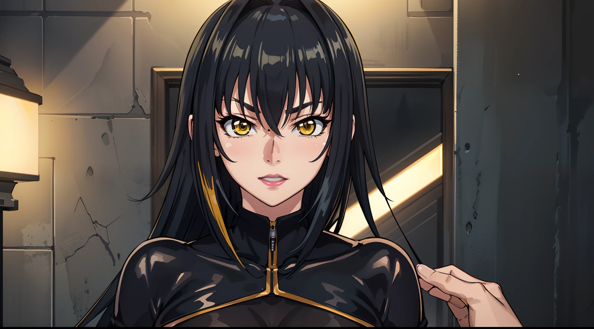 professional artwork, Intricate Details, field of view, sharp focus, detailed painting, photorealistic lighting, trending on pixiv, Standing at attention, black outfit ,yellow collared shirt,black bodysuit,skin_tight,black legwear, black pantyhose, Side_boob, black hair,very long hair, Bangs,yellow eyes,makeup, lipstick, 35yo,mature female,Beautiful Finger,Beautiful long legs,Beautiful body,Beautiful Nose,Beautiful character design, perfect eyes, perfect face, looking at viewer,official art,extremely detailed CG unreal engine, 8k wallpaper, perfect lighting,Colorful, Bright_Front_face_Lighting, (masterpiece:1.0),(best_quality:1.0), ultra high res,4K,ultra-detailed, photography, 8K, HDR, highres, absurdres:1.2, Kodak portra 400, film grain, blurry background, (Beautiful,large_Breasts:1.4), (beautiful_face:1.5),(narrow_waist), (solo:1.4), ((landscape dimension)),