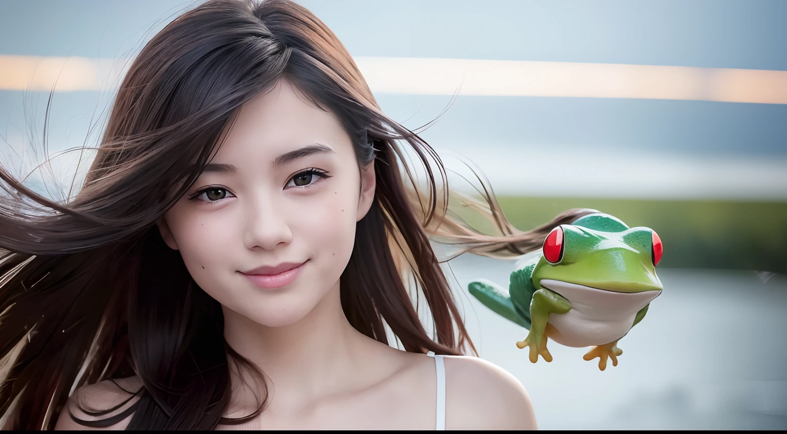 (8K, Best Quality, Masterpiece: 1.2), (Realistic, Photorealistic: 1.37), Super Detail, 1 Girl, Cute, Solo, (Redness of the Nose), (Smile: 1.15), (Mouth Closed) Small, Beautiful Eyes, (Long Hair: 1.2), Floating Hair Novafrog style, upper body, Japan person