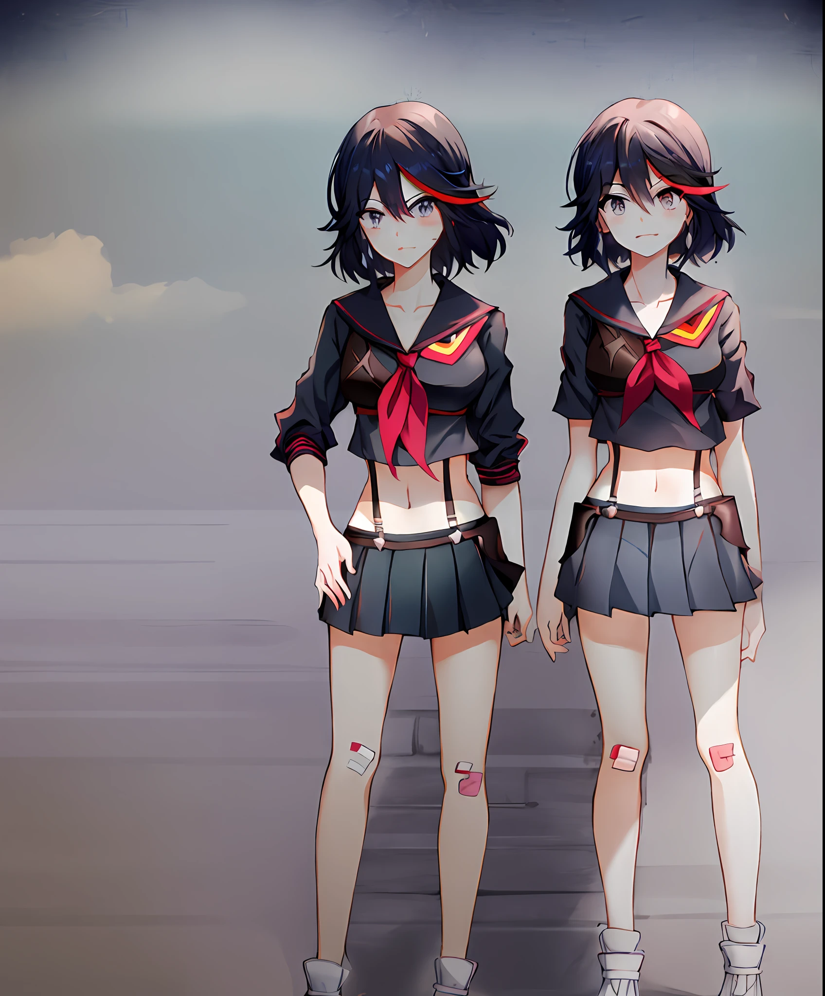 masterpiece, best quality, ultra-detailed, illustration,bandaid,matoi_ryuuko:1.3, bandaid_on_face,1girl,black_hair,injury,bandaid_on_leg,bandages,bandaid_on_nose,suspenders,multicolored_hair,bruise,skirt,bandage_on_face,short_hair,red_hair,serafuku,streaked_hair,midriff,bandaid_on_knee,senketsu,trio,pleated_skirt,full body, hand on hip,sun set:2,ocean:2,depth of field, cloudy sky, view at the back, Kamakura,handrail, water reflection, 3girls, triplets, clones
