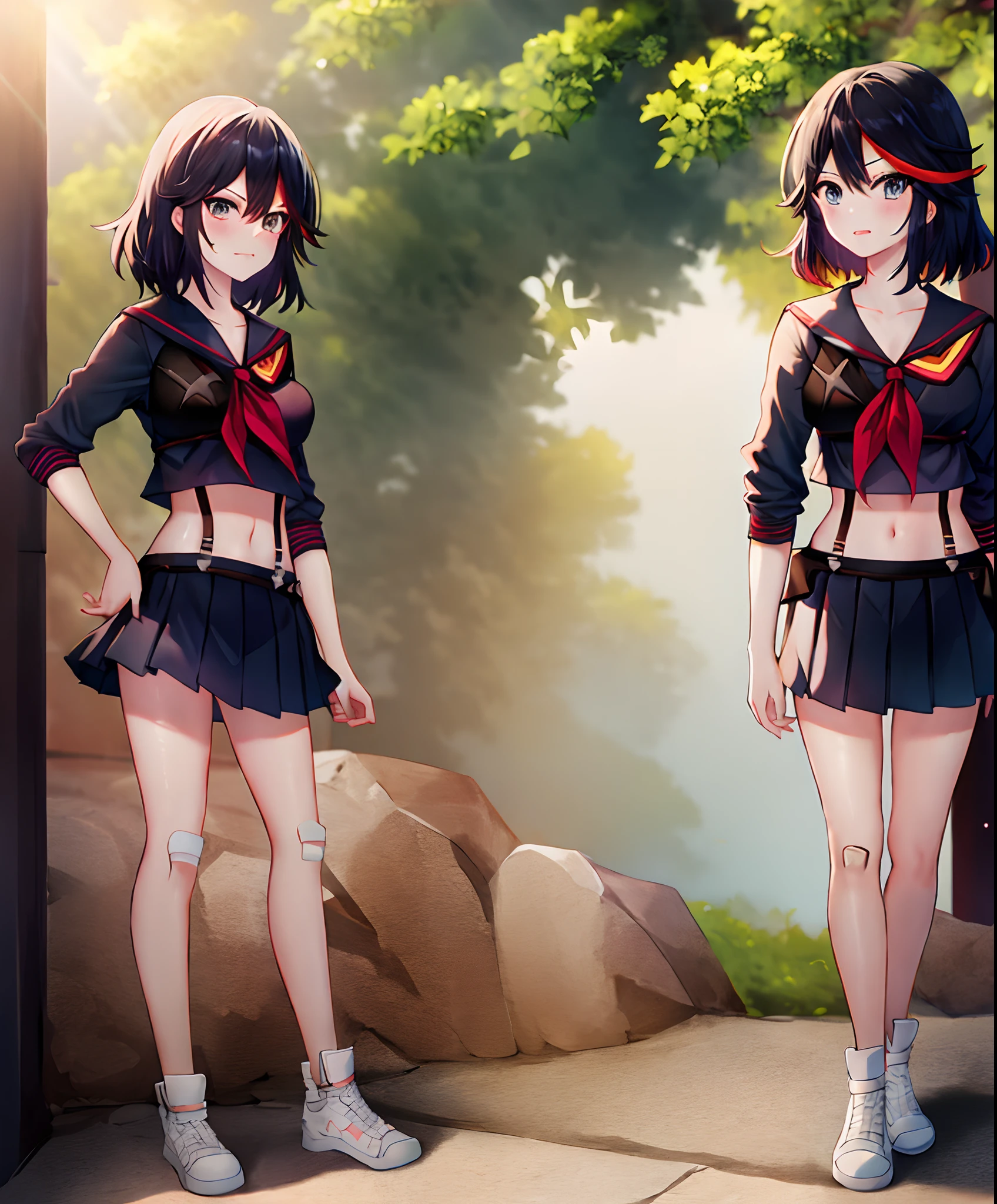 masterpiece, best quality, ultra-detailed, illustration,bandaid,matoi_ryuuko:1.3, bandaid_on_face,1girl,black_hair,injury,bandaid_on_leg,bandages,bandaid_on_nose,suspenders,multicolored_hair,bruise,skirt,bandage_on_face,short_hair,red_hair,serafuku,streaked_hair,midriff,bandaid_on_knee,senketsu,trio,pleated_skirt,full body, hand on hip,sun set:2,ocean:2,depth of field, cloudy sky, view at the back, Kamakura,handrail, water reflection, 3girls, triplets, clones