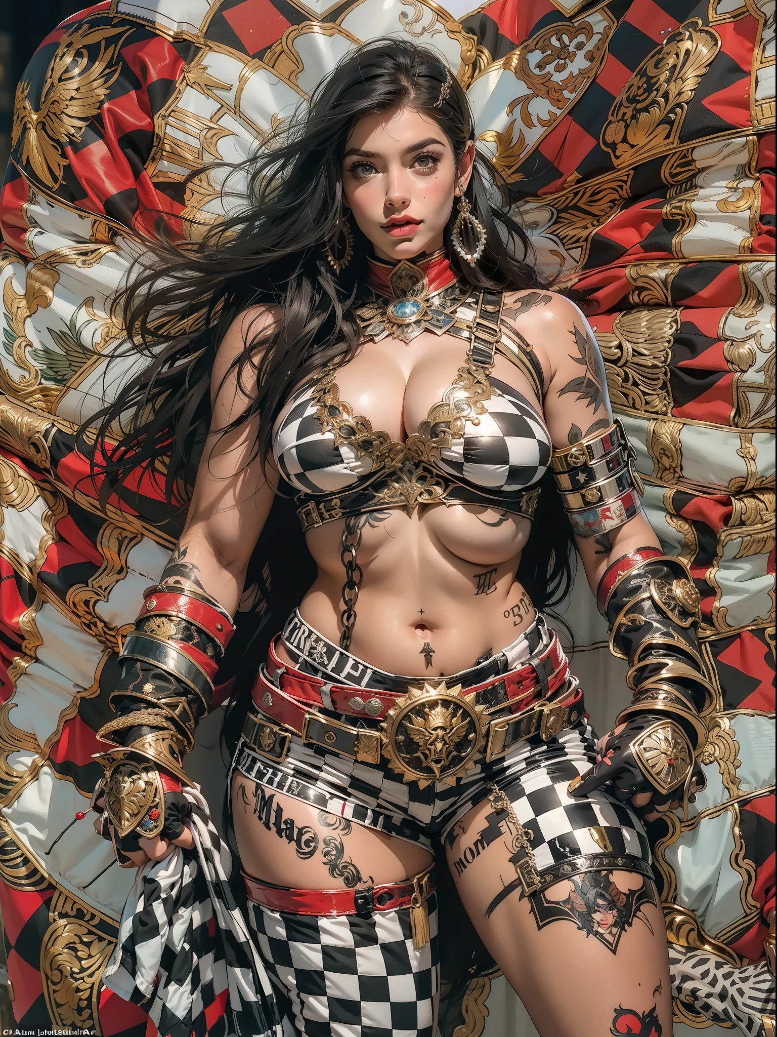 (((mulher))), (((melhor qualidade))), (((obra prima))), (((adulta))), Uma guerreira mulher de 35 anos com corpo perfeito, Brooklyn Gladiators, (( under boobs )), quase nua no estilo selvagem urbano de Simon Bisley para a capa da revista Heavy Metal, cabelo loiro, Minimum clothing, red and white checkered pattern, armadura, cheio de pontas e rebites, tatuagem tribal, (((do joelho pra cima))), cabelo desalinhado