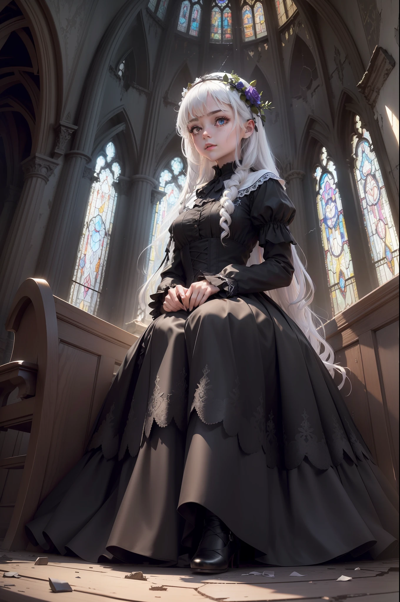 extremelydetailedwallpaper, Ultra-detailed details, detailed shadow, very precise detail, Extremely detailed 8k wallpaper, very fine 8KCG wallpapers,An old abandoned church. The girl who sat down. Her black dress was torn and stained in some places. Her dull white hair was long and fluffy. Light enters through cracked stained glass windows.