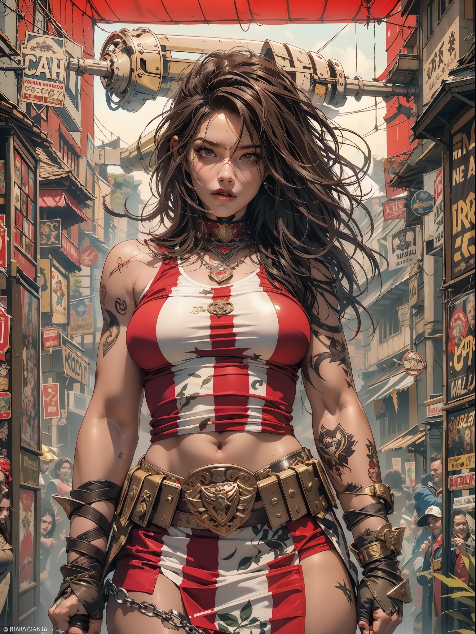 :: joe madureira ::2.0 comix illustration style, Estilo Tatoon , Comic book style, Camila Bernal mulher bonita com cabelo longo ultra detalhado, (fundo bonito ultra colorido :1.2) Misto-idioma_Texto, letras japonesas em graffit, fantastic paintings, estilo grafite; flor, olhos altamente detalhados, uma camiseta ou vestido com uma blusa branca por baixo, with position, e pulseiras, com longos cabelos, Gradiente de cores HDR, Vibrando, Fantastic paintings by Joe Madureira ,alta qualidade, melhor qualidade, alta qualidade, extremamente detalhado CG unidade 8k papel de parede, HDR, trending on ArtStation, trending in cgsociety, High detail,
