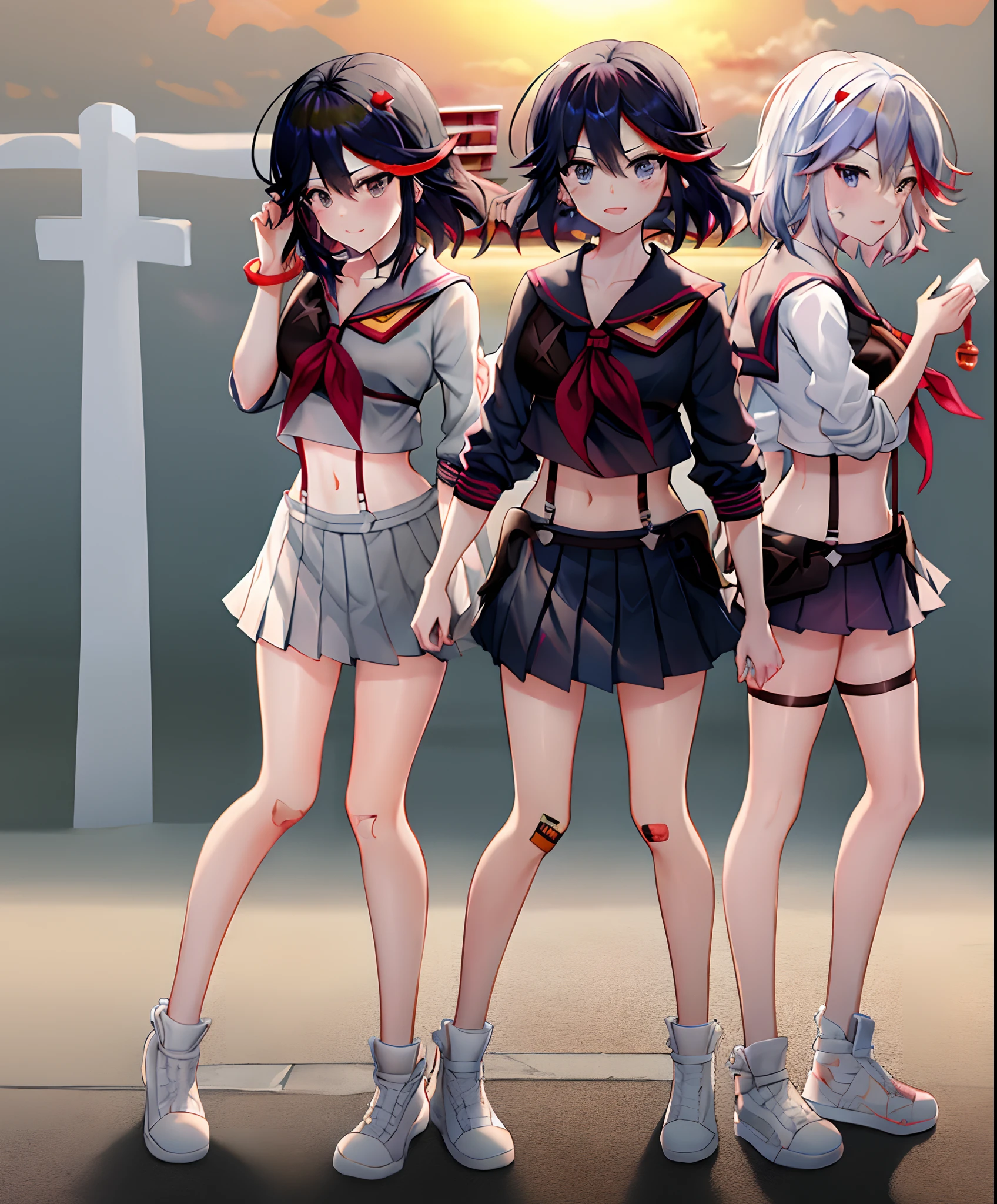 masterpiece, best quality, ultra-detailed, illustration,bandaid,matoi_ryuuko:1.3, bandaid_on_face,3girls,black_hair,injury,bandaid_on_leg,bandages,bandaid_on_nose,suspenders,multicolored_hair,bruise,skirt,bandage_on_face,short_hair,red_hair,serafuku,streaked_hair,midriff,bandaid_on_knee,senketsu,trio,pleated_skirt,full body, hand on hip,sun set:2,ocean:2,depth of field, cloudy sky, view at the back, Kamakura,handrail, water reflection, triplets, clones