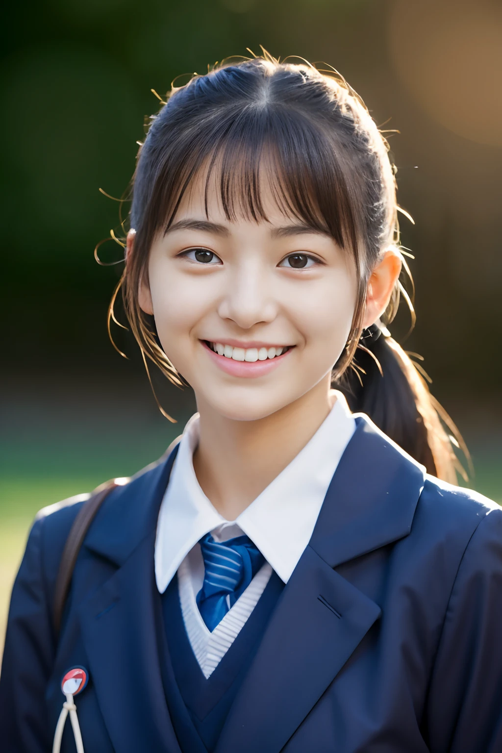 Lens 135mm f1.8, (Best Quality),(Raw photo), (masutepiece:1.1), (Beautiful 18 year old Japan girl), cute face, (Chiseled face:0.7), (hitornfreckles:0.6), Dappled sunlight, Dramatic Lighting, (Japan school uniform), (in a school), Shy twintails, (Full body), (Laugh),, (Sparkling eyes)、(sunlights),