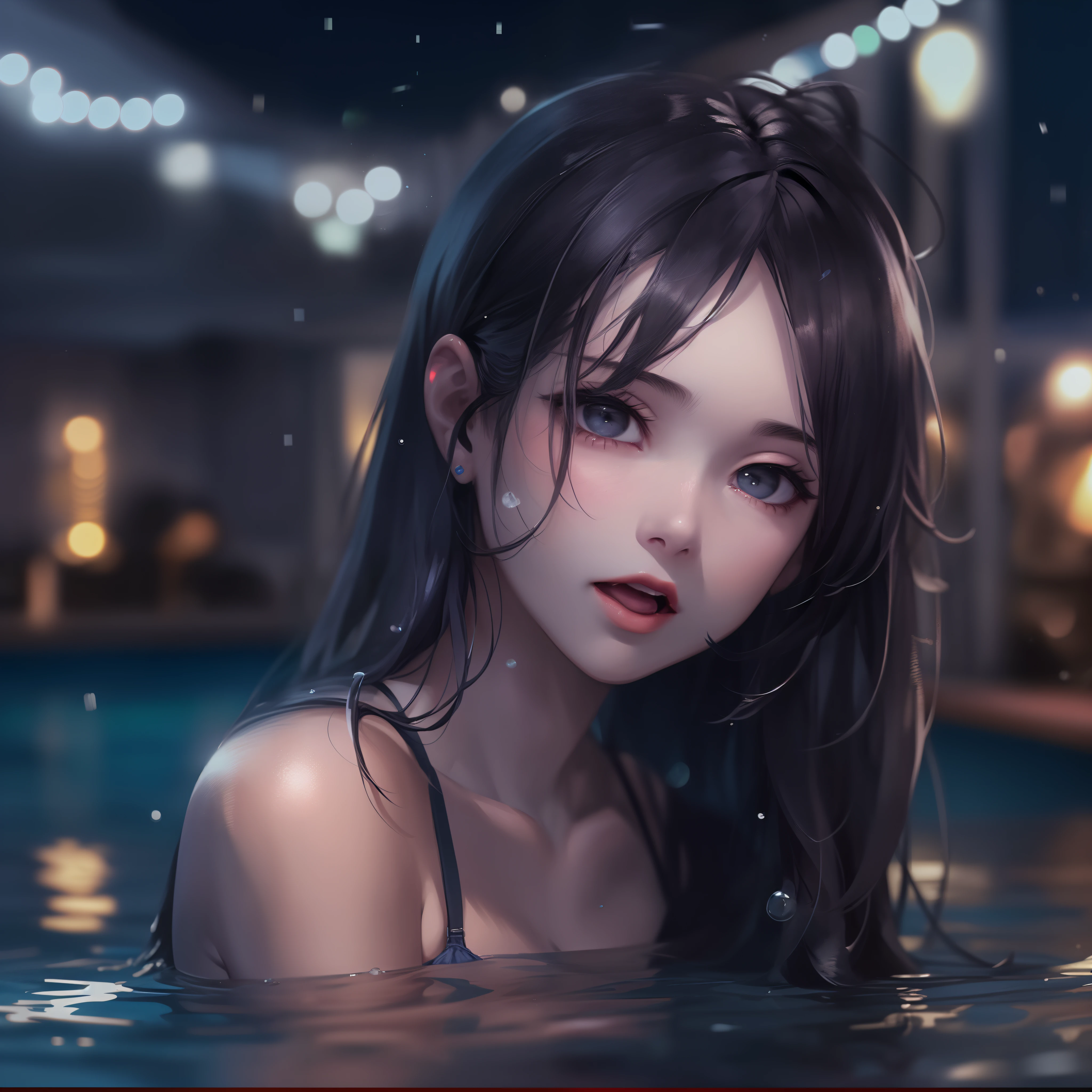 1 girl in the night pool、(Cool face、Raking up your hair with your hands、sharp eye、The bikini)、8K、High Quality、Real Texture