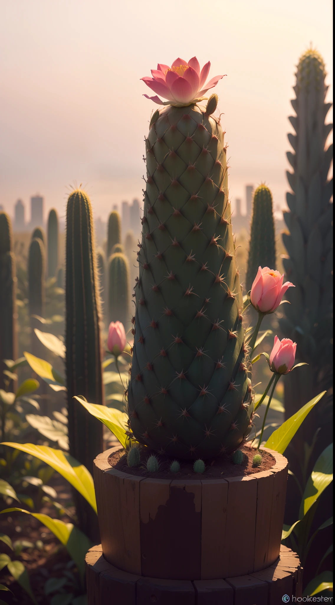 DreamShaper:3.2, Photography, BotanicalUSA, A blooming cactus, neon clouds, soft Light, bokeh , fog, macro, no add human