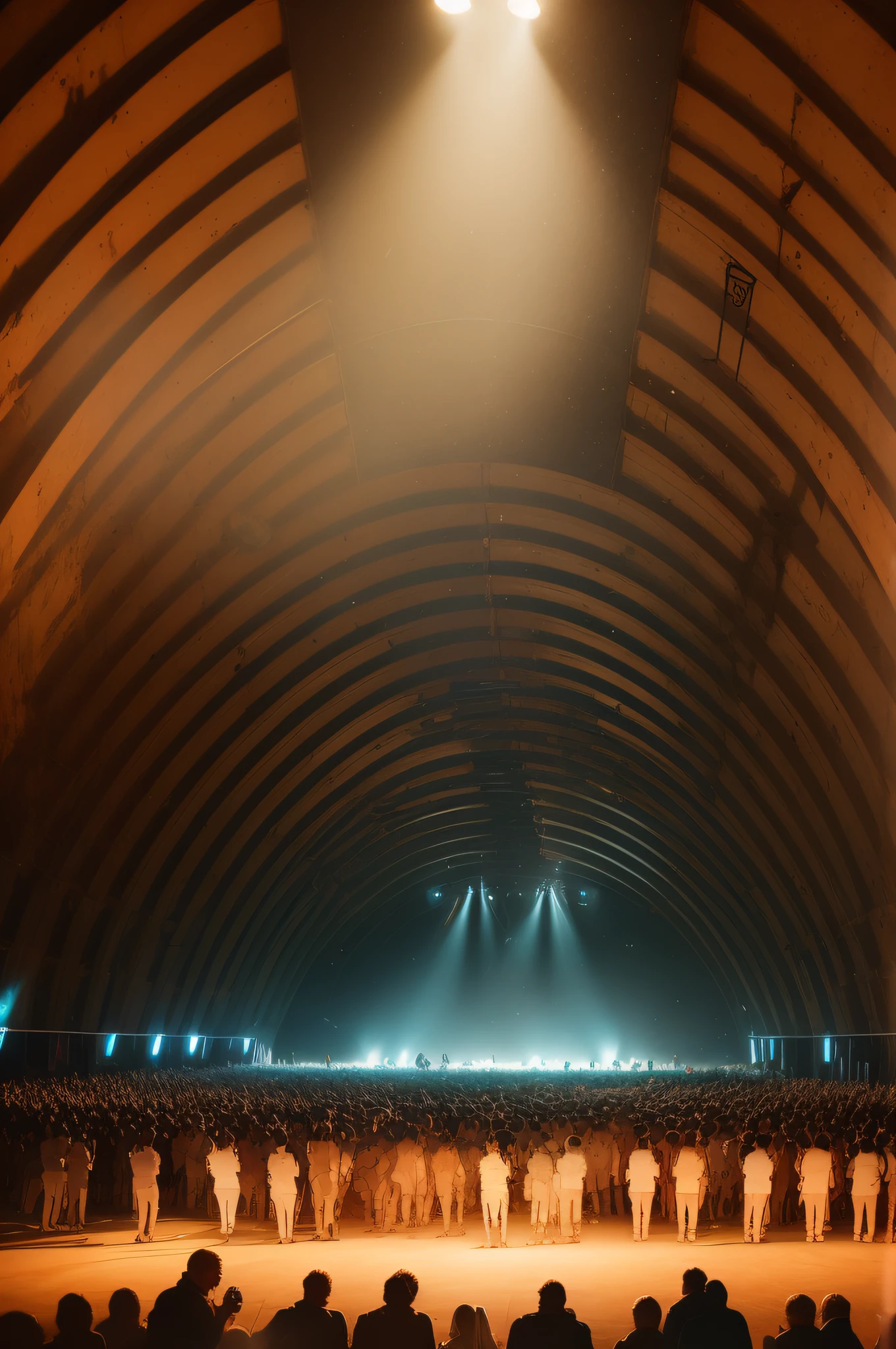 there is a large room with many dancing people, interior of the hall in area 55, covered outdoor stage, abandoned night hangar, stage at a club, inside futuristic hangar, stage, interior view, d. i. y. venue, moving lights inside facility, huge speakers, inside the tunnel, stage light, halo array, a former derelict soviet army military compound in the forest, an airplane hangar, men and women are having a party, the people are only lightly clad, more or less half-naked, there are canvases on the walls and neon lights illuminate the night, raw, steampunk, gothic, bdsm