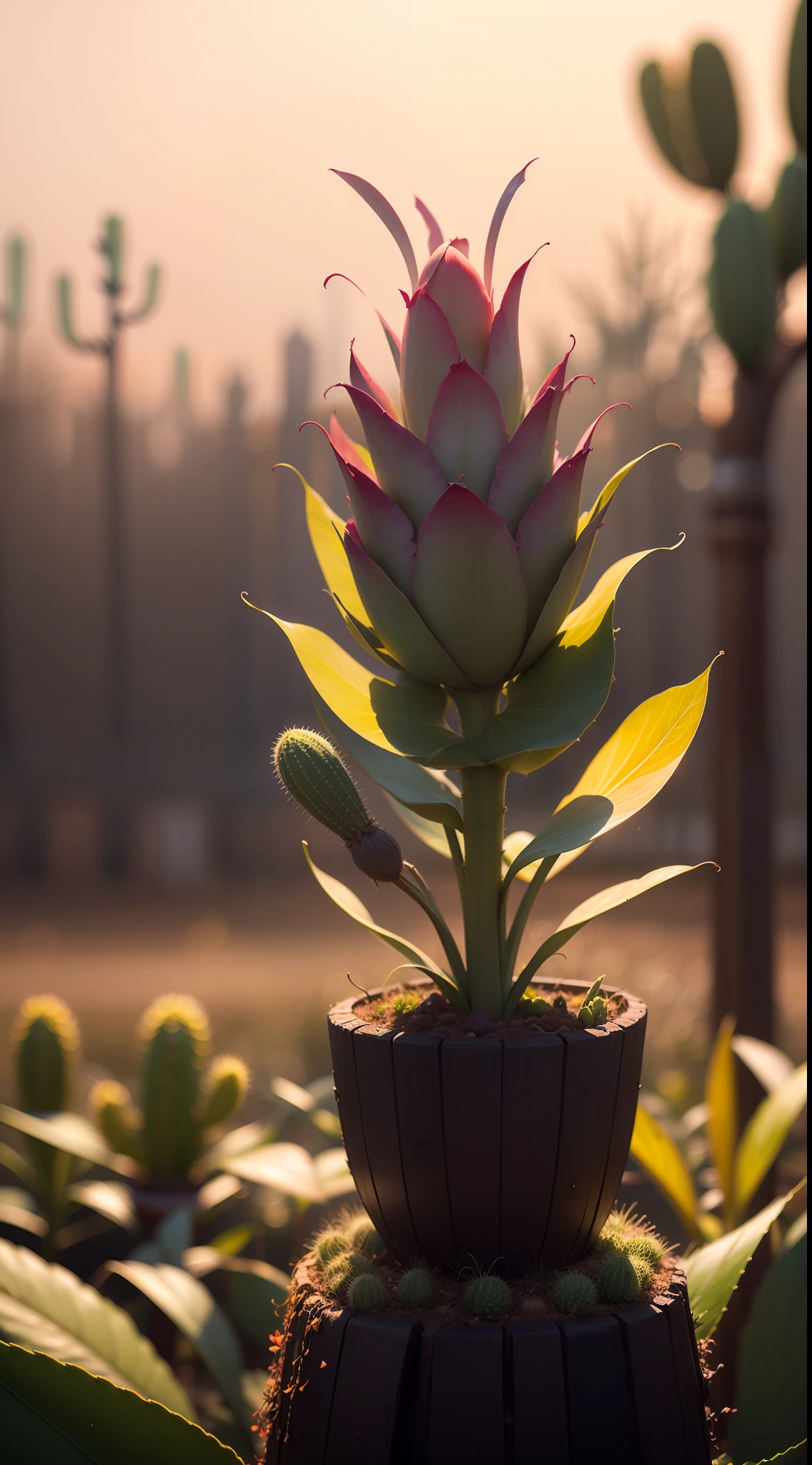 DreamShaper:3.2, Photography, BotanicalUSA, A blooming cactus, neon clouds, soft Light, bokeh , fog, macro, no add human
