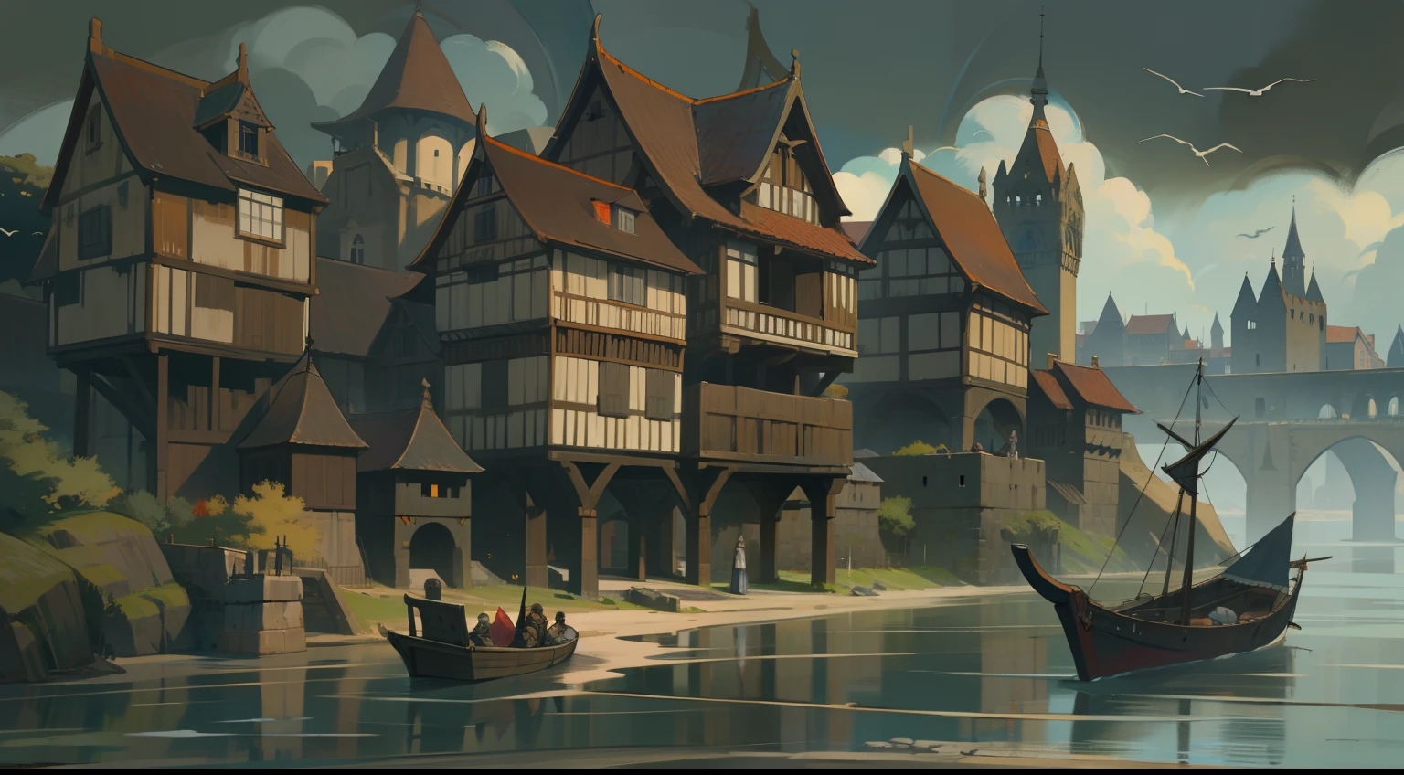 uma cidade medieval no litoral um ambiente sombrio meio deserto com cores sombrias e avermelhadas escuras um continente que sofre com uma praga, Grey sky with dark black clouds autumn trees a dark dark environment like medieval gotham an RPG setting a city on the coast with a harbor full of pirate ships an illustration for medieval rpg medieval art rpg art