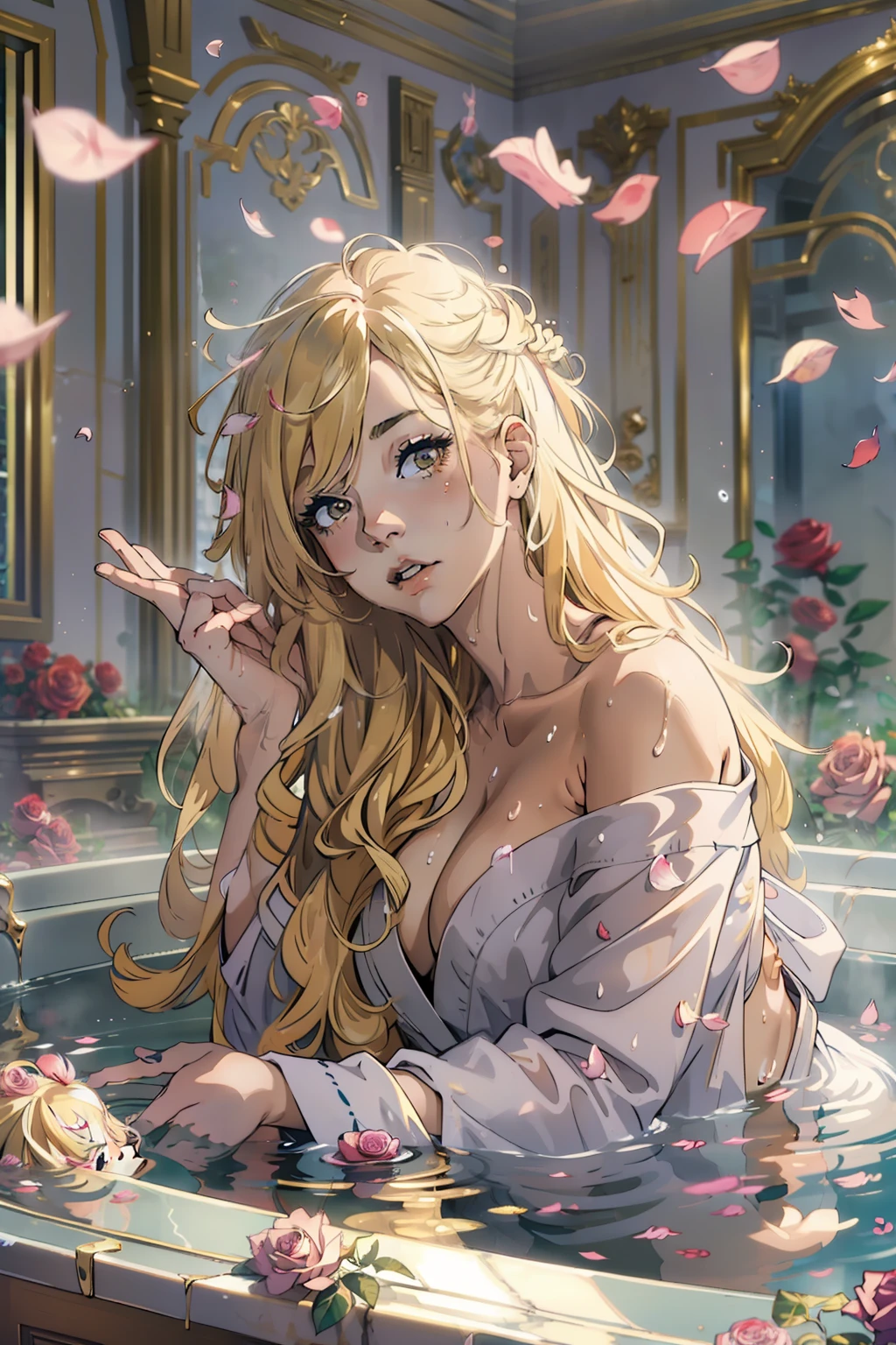 (nsfw), ((1girl)), ((masterpiece)), realistic, ((highly detailed:1.3)), beautiful princess bathing in a marble tub, ((very long blonde hair)), wet hair, wearing a sheer bathrobe, clothed bathing, ivorygoldai, royal palace bathroom setting, steam, ornate marble tub, (rose petals floating in water:1.3), early morning light, windows, crepuscular lighting, dynamic pose, dynamic angle