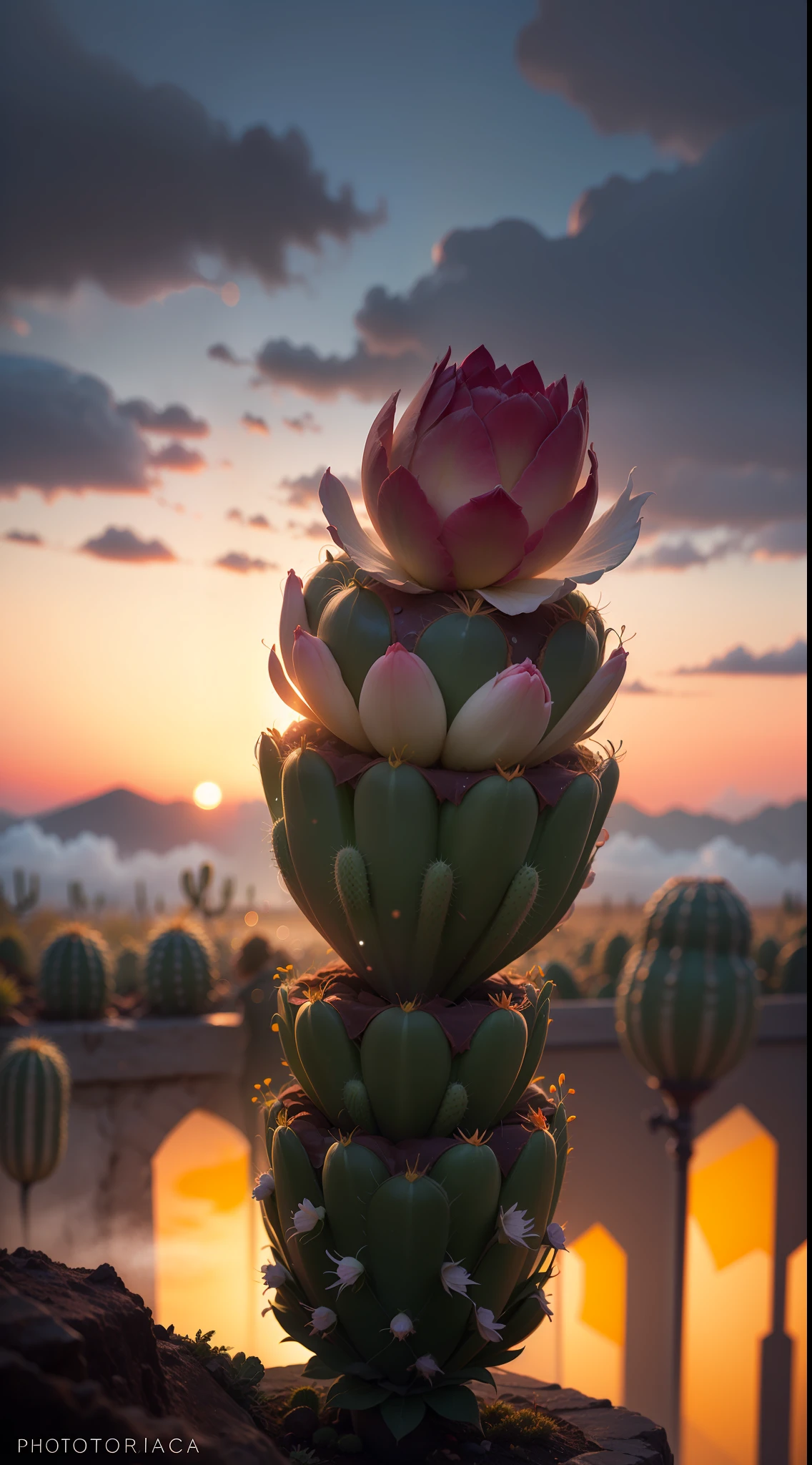 DreamShaper:3.2, Photography, BotanicalUSA, A blooming cactus, neon clouds, soft Light, bokeh , fog, macro, no add human