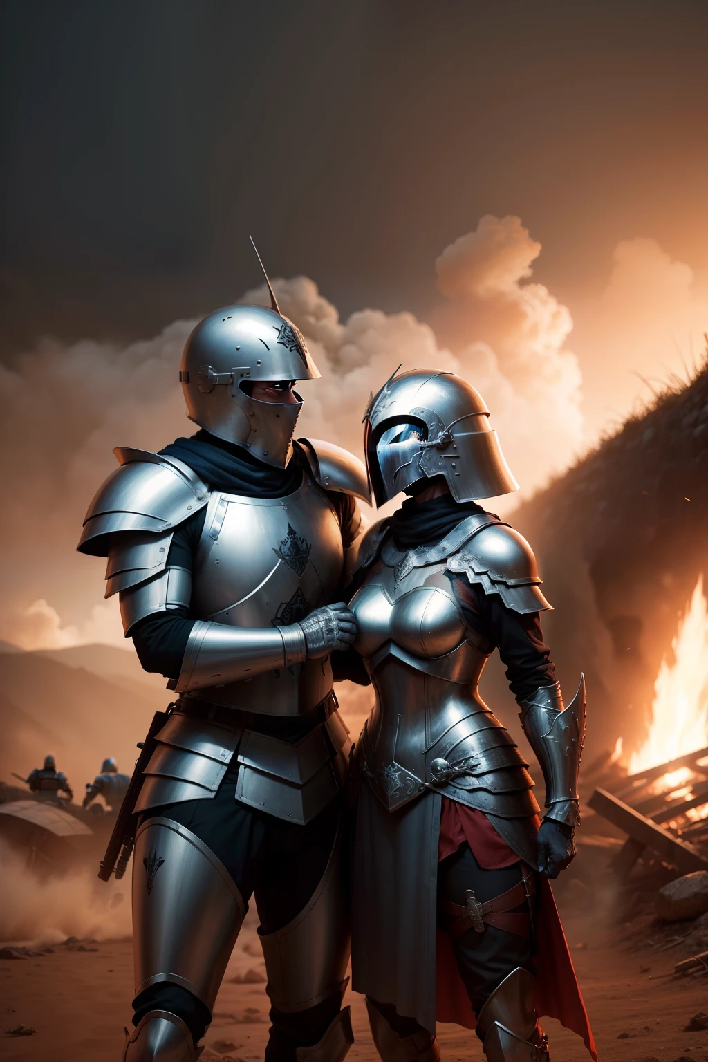 homem com armadura romana defendendo uma menina morena do fogo com escudo. Imagem realistica em 4k