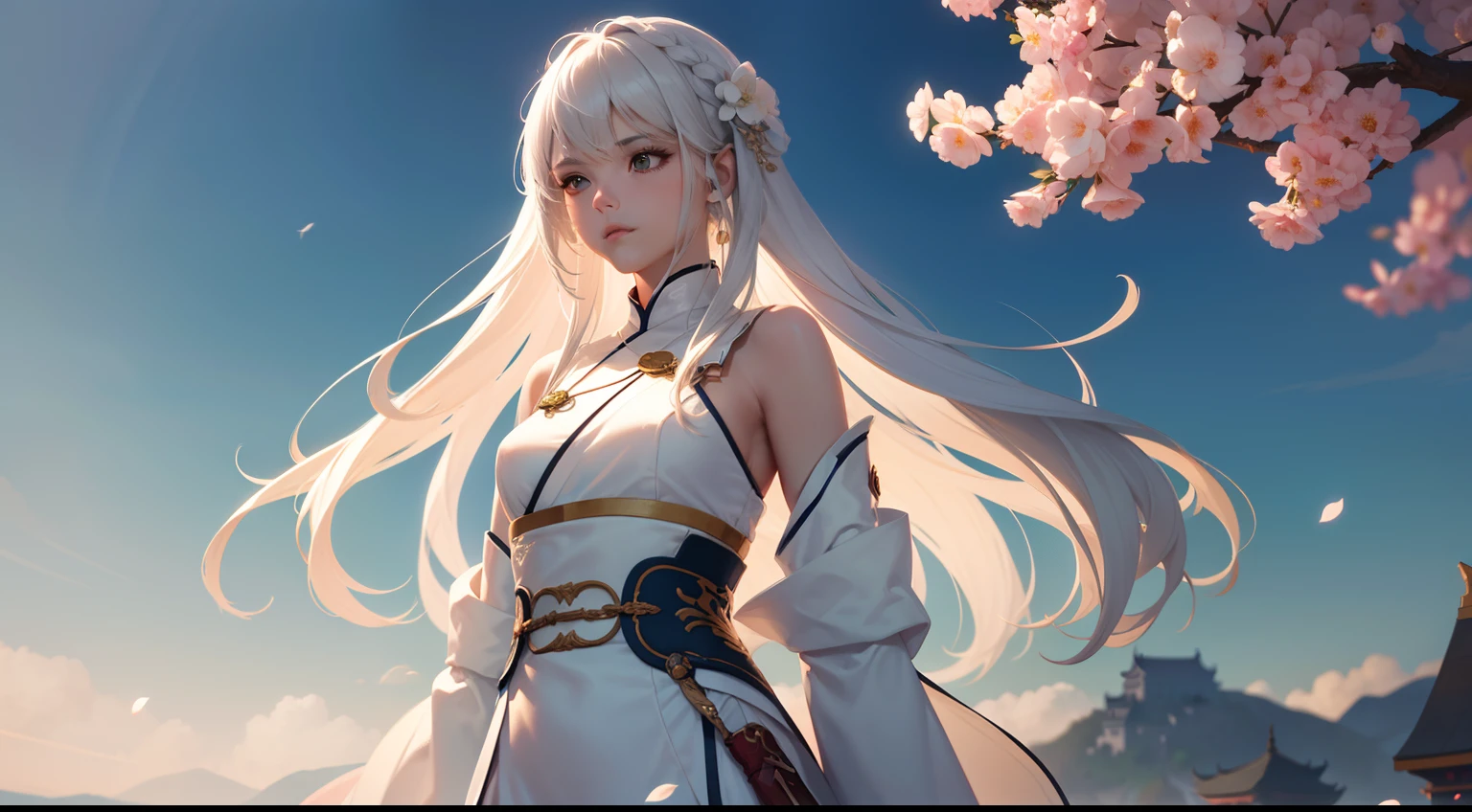 a close up of a woman with a sword in a white dress, trending on cgsociety, fantasy art, beautiful character painting, artwork in the style of guweiz, guweiz, white hanfu, flowing white robes, full body wuxia, epic exquisite character art, stunning character art, beautiful female assassin in a chinese village, with flowers and green tree scenario