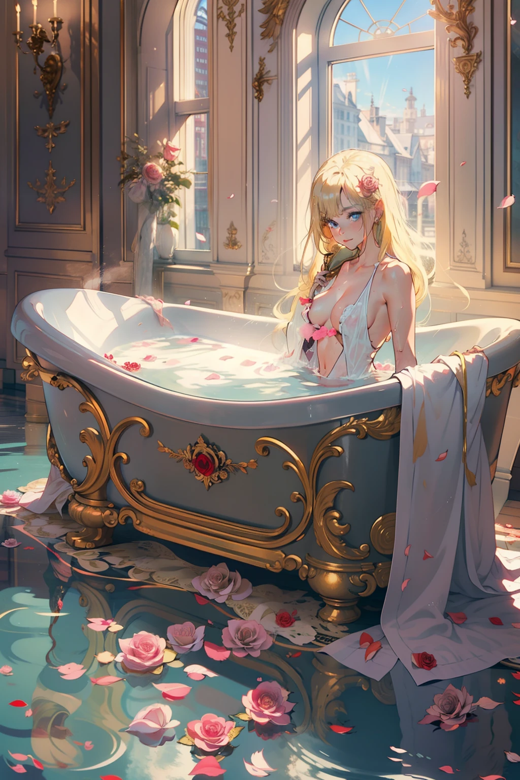 (nsfw), ((1girl)), ((masterpiece)), realistic, ((highly detailed:1.3)), beautiful princess bathing in a marble tub, ((very long blonde hair)), wet hair, wearing a sheer bathrobe, clothed bathing, ivorygoldai, royal palace bathroom setting, steam, ornate marble tub, (rose petals floating in water:1.3), early morning light, windows, crepuscular lighting, dynamic pose, dynamic angle