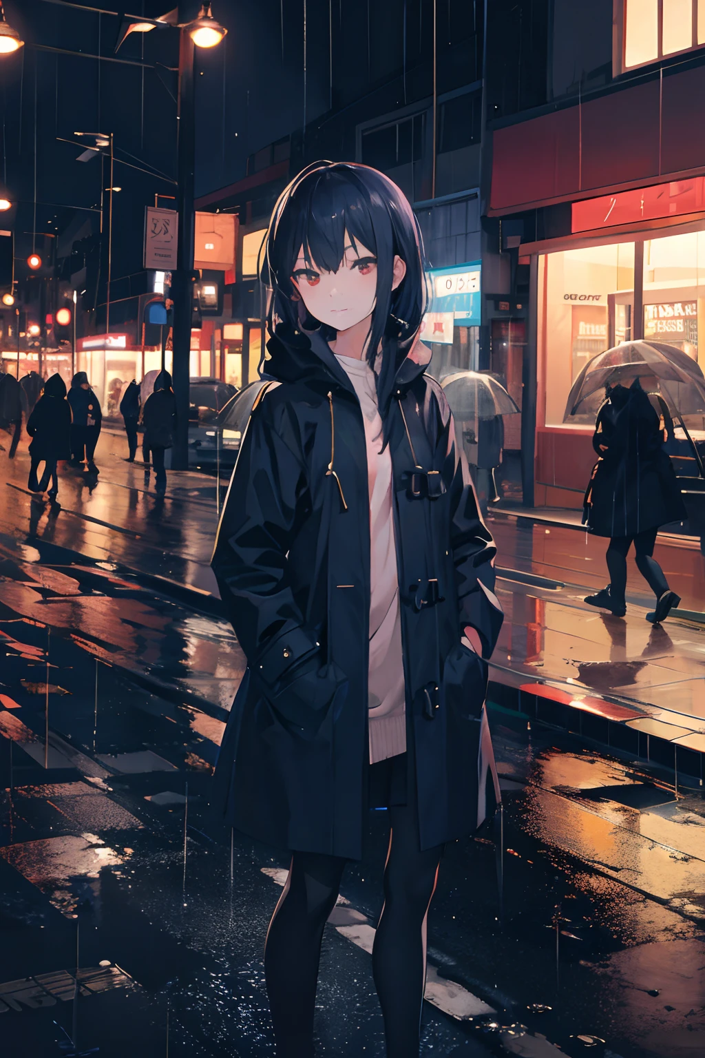 1girl,night city,rain,coat,hands in pockets