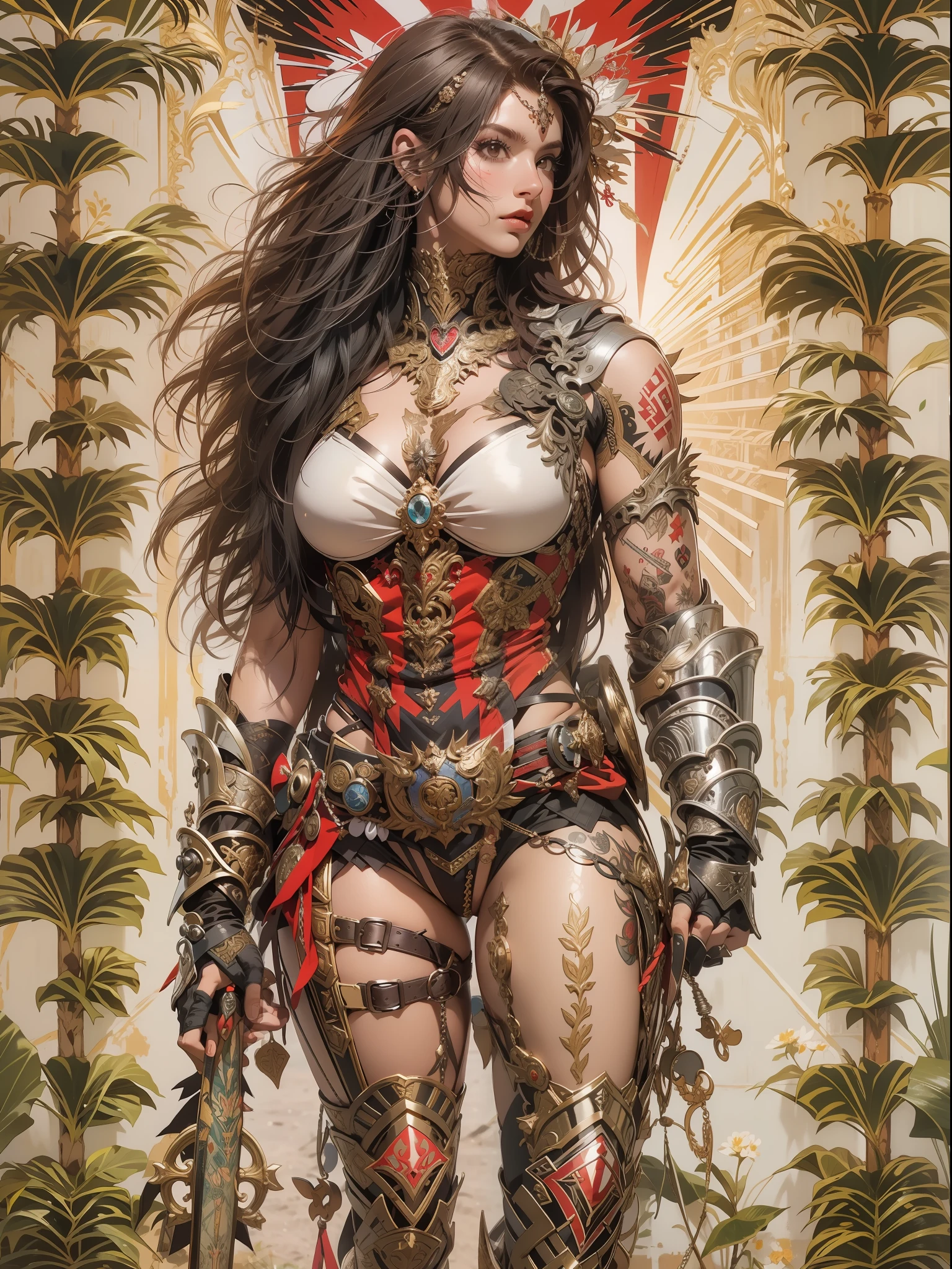 (((mulher))), (((melhor qualidade))), (((obra prima))), (((adulta))), Uma guerreira mulher de 35 anos com corpo perfeito, Brooklyn Gladiators, (( under boobs )), quase nua no estilo selvagem urbano de Simon Bisley para a capa da revista Heavy Metal, cabelo loiro, Minimum clothing, red and white checkered pattern, armadura, cheio de pontas e rebites, tatuagem tribal, (((do joelho pra cima))), cabelo desalinhado