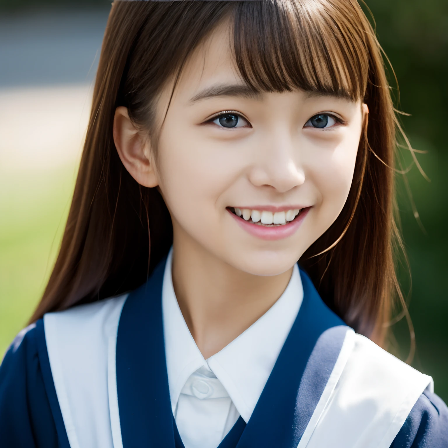 Lens 135mm f1.8, (Best Quality),(Raw photo), (masutepiece:1.1), (Beautiful 14 year old Japan girl), cute face, Dappled sunlight, Dramatic Lighting, (Japan school uniform), (in a school), full of shyness、Twin-tailed, (close up shot of a face:1.2), (Laugh),, (Sparkling eyes)、(sunlights),