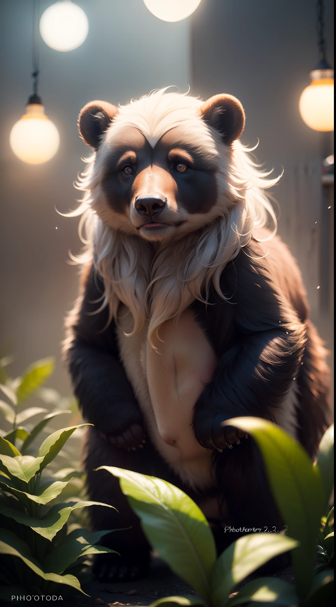 DreamShaper:3.2, Photography, BotanicalUSA, A blooming cactus As a fluffy Himalayan bear, neon clouds, soft Light, bokeh , fog, macro, no add human