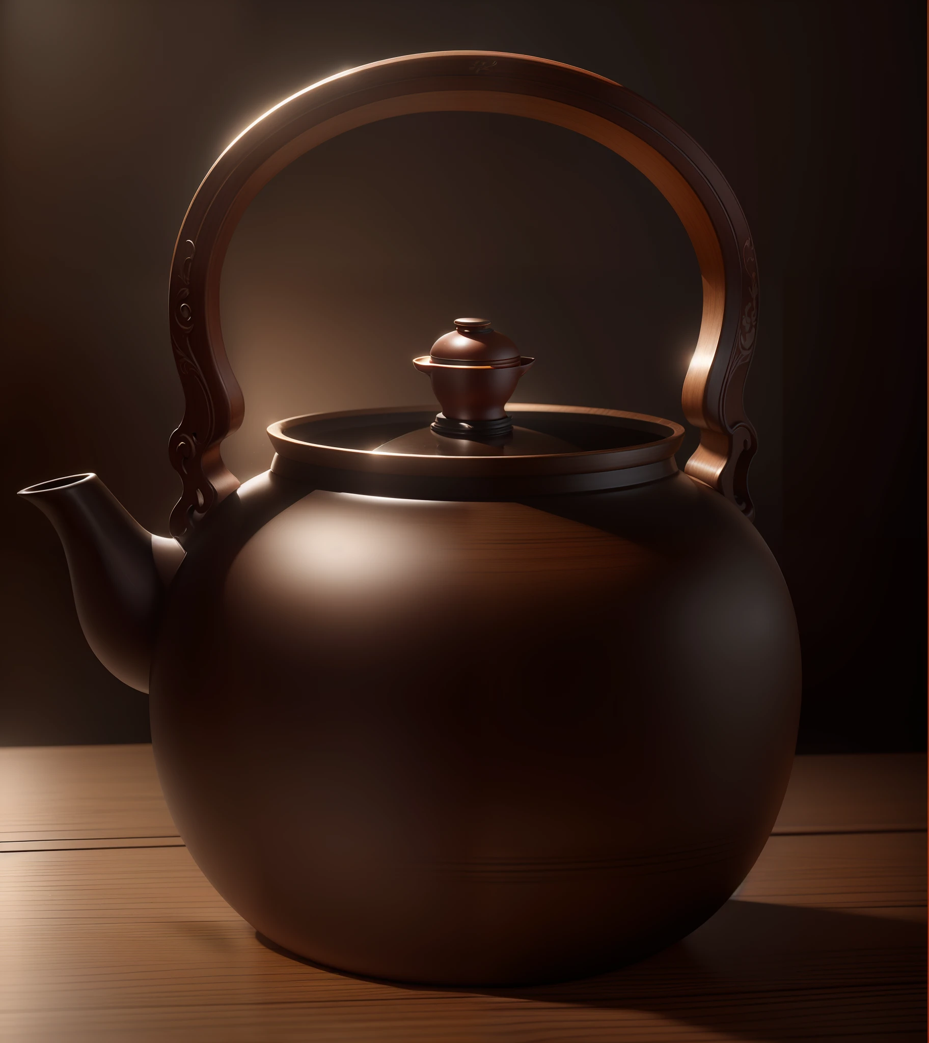 There is a teapot on the wooden table,Japanese background,High-end elegance,Indoor photography lighting,8K,vray render