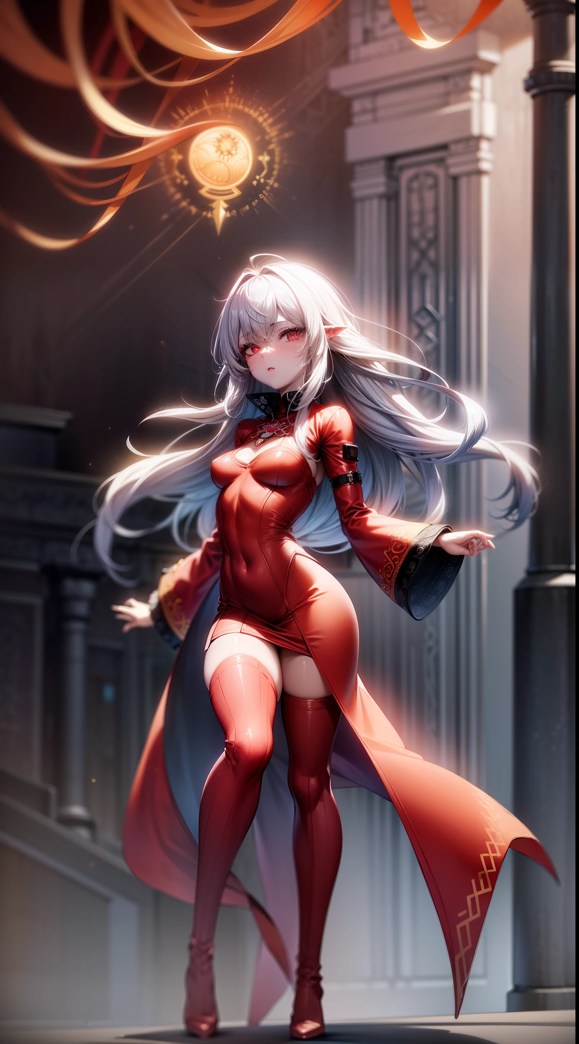 bright silver futuristic goddess girl in coverall ((bloody-red pleated skinny suit)) with (golden lines) accents (((skirt))) (((goddess robe with long sleeves))) with fireball, (crop robe), (runes on skin), epic, elite, ((lacy)), futurism, cyberpunk, silk, fur, (stockings), decollete, natural breasts, slim body, zettai ryouiki, ((((medium length hair)))), (silver-hair) and red highlight streak in hair, (beautiful detailed bright ((glowing)) fire eyes), portrait, (beautiful and aesthetic:1.2, fractal art:1.4), most realistic, hyper-realistic, RAW, highest quality, best quality, Detailed, Realistic, 4k highly detailed digital art, octane render, bioluminescent, (cool_color), best pixels, 8k ultra, extremely detailed CG unity 8k wallpaper, cinematic lighting