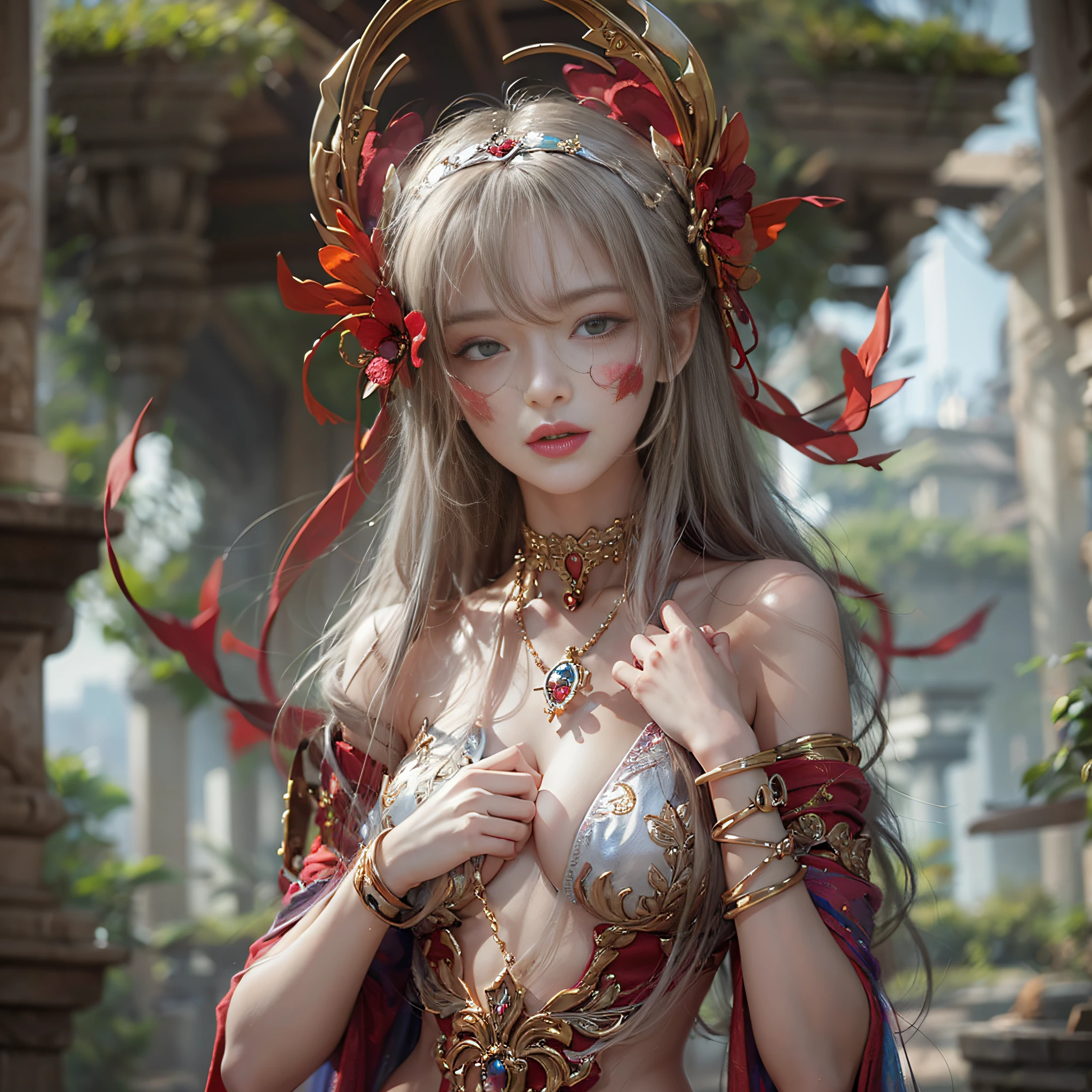 ((masterpiece:1.4)、(top-quality:1.4)、(reallistic:1.7))、Beautiful girl strolling in garden of mythical world ancient city、Sexy Daughter、Super beautiful girl、1girl in:1.4、Dress like a queen、Glossy luxury latex、Luxury Latex Bodysuit、By Luis Royo、age19、Super Ultra Ultra Bikini、Outstanding style、(Two legs are drawn correctly:1.7)、(Two arms are drawn correctly:1.7)、Anatomically correct depiction of limbs、Slender Abs、(beauty legs:1.4)、beautiful countenance、kawaii faces、Beautiful ass、A detailed eye、beautidful eyes、Raw photo、red-lips、Red high heels、a choker、a necklace、耳Nipple Ring、Fantasy of an ancient city、Mythological worldview