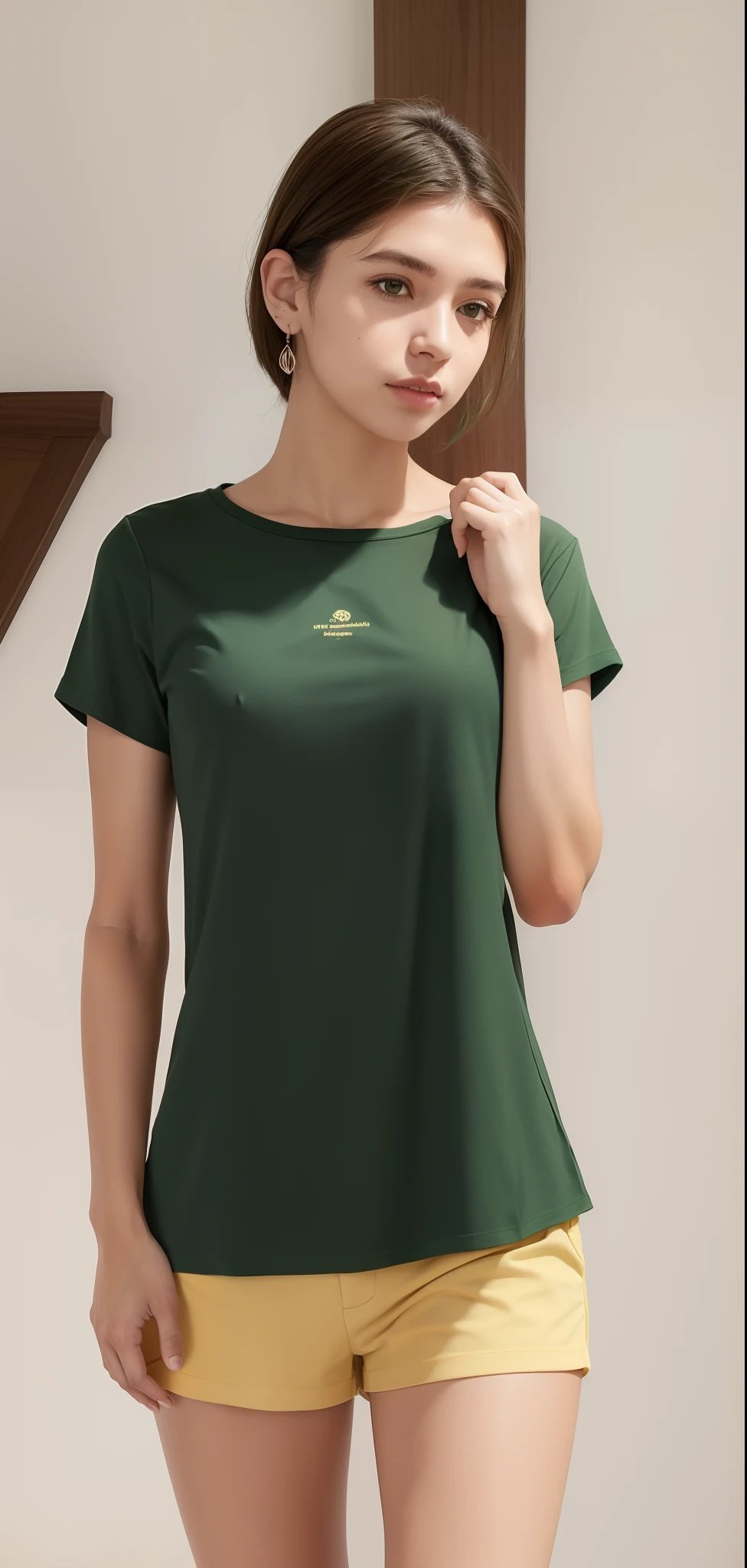 Mulher linda de camisa verde e bermuda andando pela rua, camisa verde, roupas verdes, roupas verdes, verde e amarelo, vestindo roupas verdes, vestindo uma camiseta, verde e ouro, roupas verdes casuais, usando um top bonito, ouro e verde, em uma camisa verde escuro, vestindo camisa apertada, camisa apertada, amarelo e verde