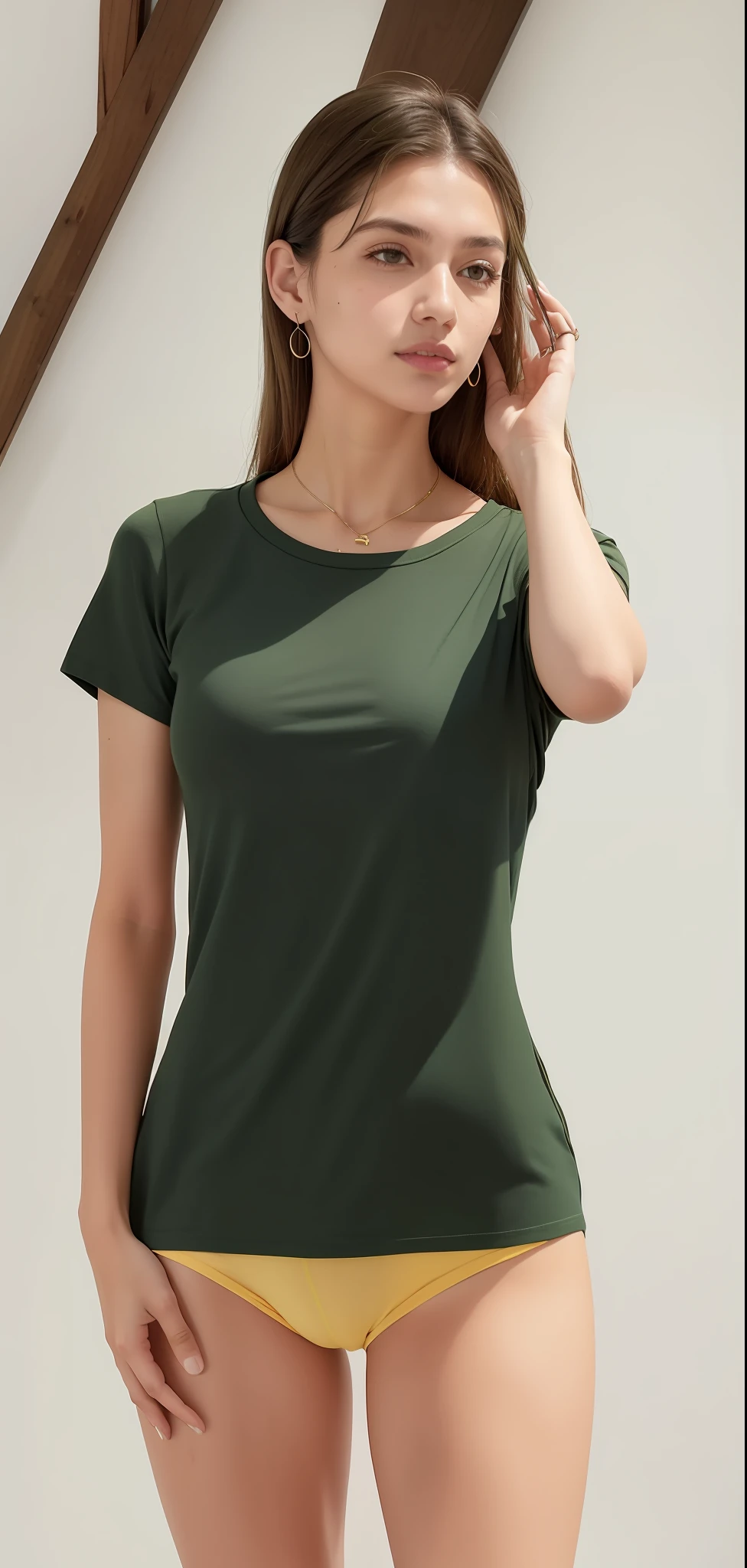 Mulher linda de camisa verde e bermuda andando pela rua, camisa verde, roupas verdes, roupas verdes, verde e amarelo, vestindo roupas verdes, vestindo uma camiseta, verde e ouro, roupas verdes casuais, usando um top bonito, ouro e verde, em uma camisa verde escuro, vestindo camisa apertada, camisa apertada, amarelo e verde
