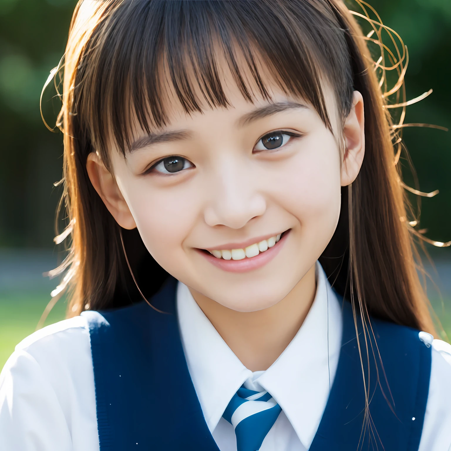 Lens 135mm f1.8, (highest quality),(RAW photo), , (Beautiful 15 year old Japanese girl), cute face, (deeply carved face:0.7), (freckles:0.6), dappled sunlight, dramatic lighting, (japanese school uniform), (inside the school), shy, twin tails hair , (cowboy shots of:1.2), (embarrassed smile),, (sparkling eyes)、(sunlight), (Arms at sides),