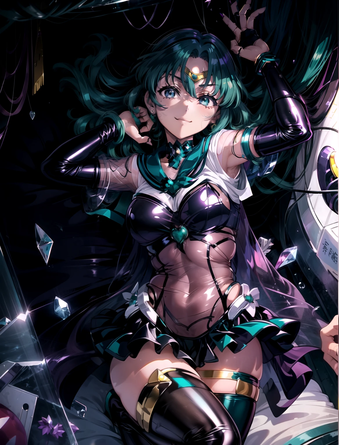 ((Sailor Neptune Fallen to Evil。female solo。Transparent brown body stocking wrap around the whole body。all-inclusive tights :1.1))。babydoll。Black latex long gloves and boots。Aqua-colored hair。Wavy medium hair。Ecstasy expression。Smile。hands on crotch。Nipple less hearts。chastity belt。hightquality。on the bed。