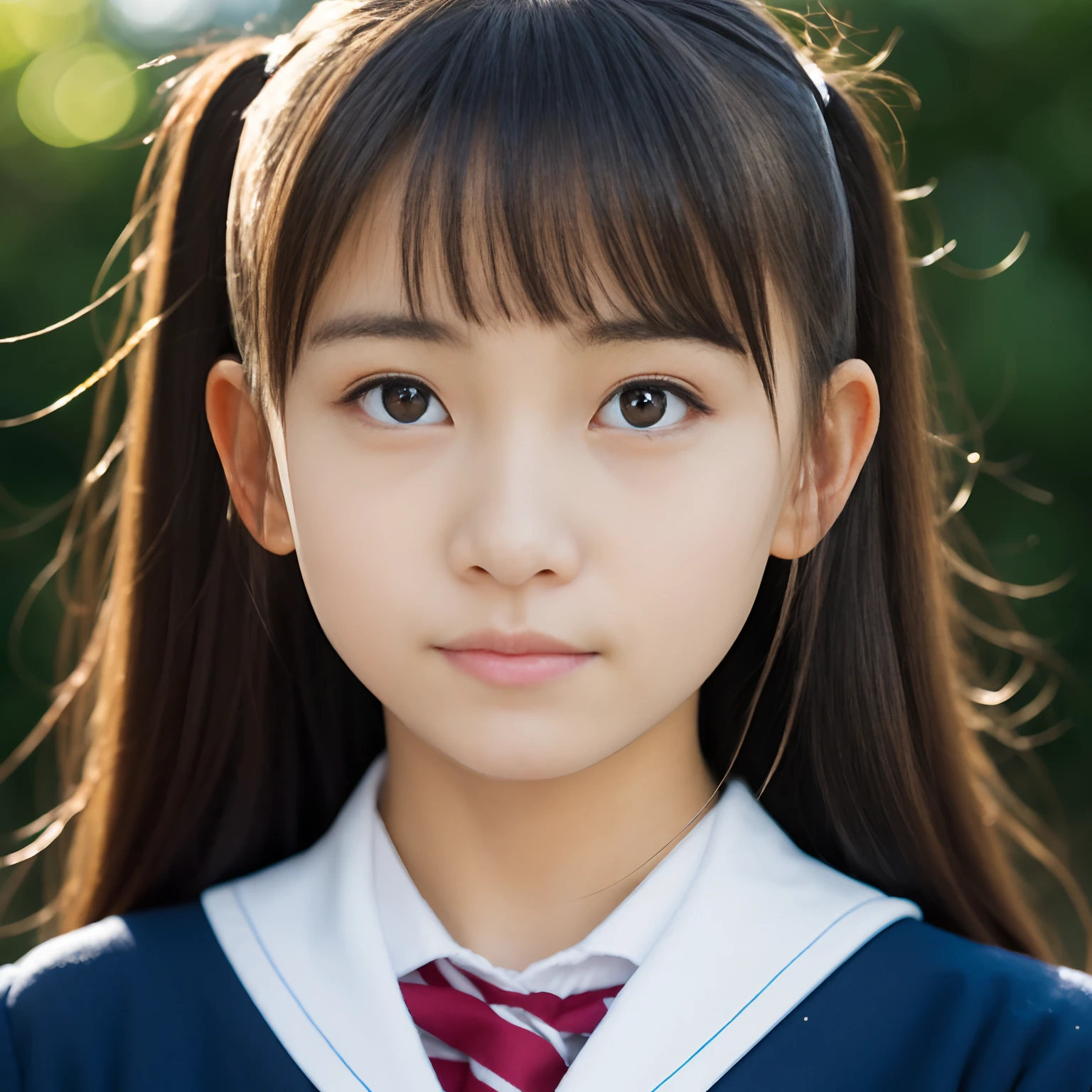 Lens 135mm f1.8, (Best Quality),(Raw photo), (masutepiece:1.1), (Beautiful Japan girl), cute face, Dappled sunlight, Dramatic Lighting, (Japan school uniform), (in a school), full of shyness、Twin-tailed, (close up shot of a face:1.2), (Sparkling eyes)、(sunlights),