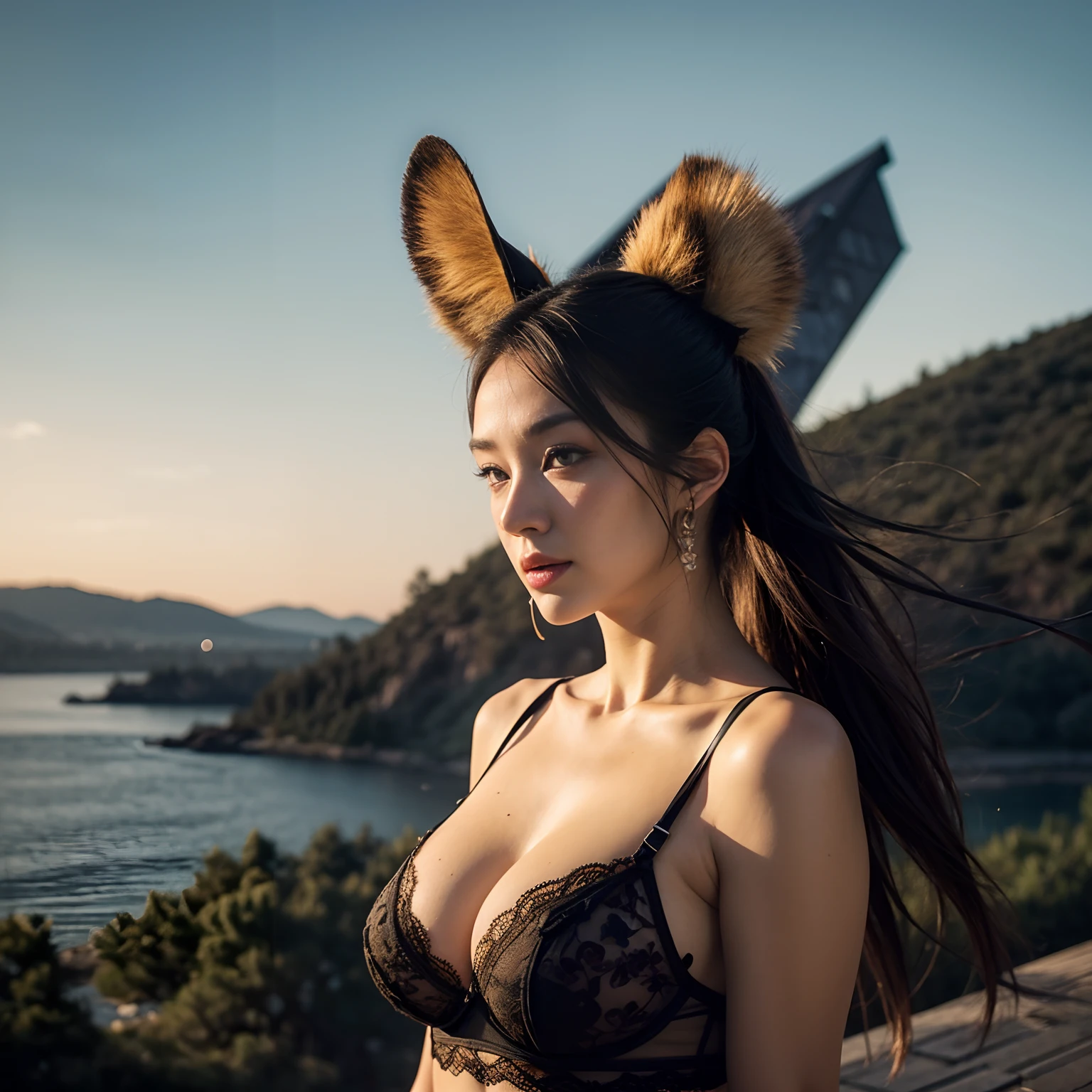 (best quality, masterpiece), 1girl, lingerie, big breqst, samurai, particle, wind, looking at viewer, fox ear, monsters in background, backlighting, upper body, pose