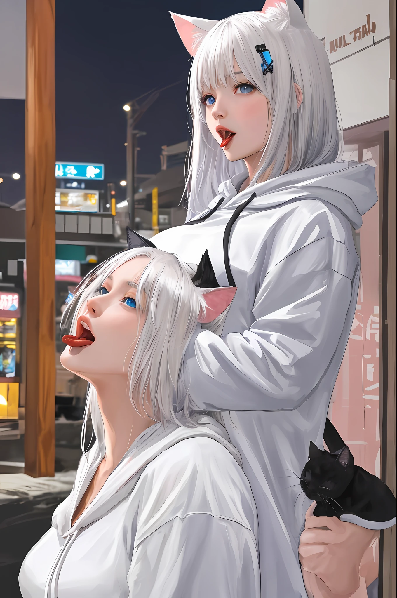 bright white hair、japanes、fair skin、White hoodie with cat ears、Beautuful Women、photos realistic、tongue-out、Light blue eyes、H-cup
