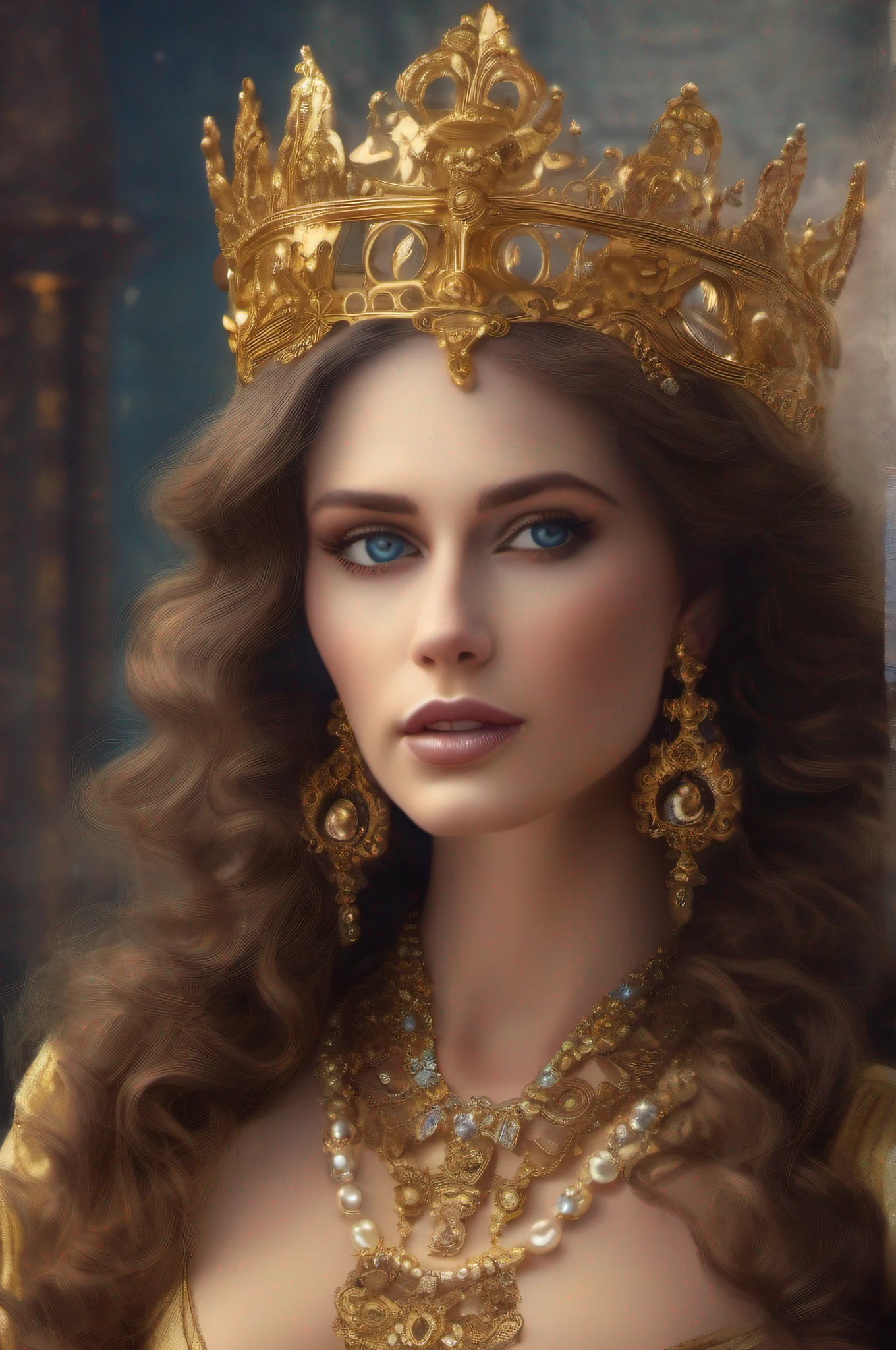 beautiful woman of victorian era with long curly brown hair, wearing a gold crown,
wearing gold gown with rws stripes, wearing gemstone necklace, perfect detailed
symmetric eyes, detailed gorgeous face,
(beautiful hands, detailed fingers: 1.5), 8K, HDR, SLR