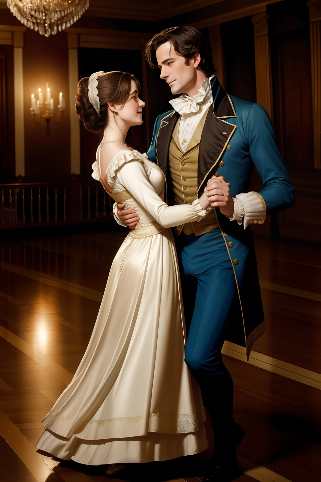 Mr Darcy and Elizabeth dancing in a regency ball room
