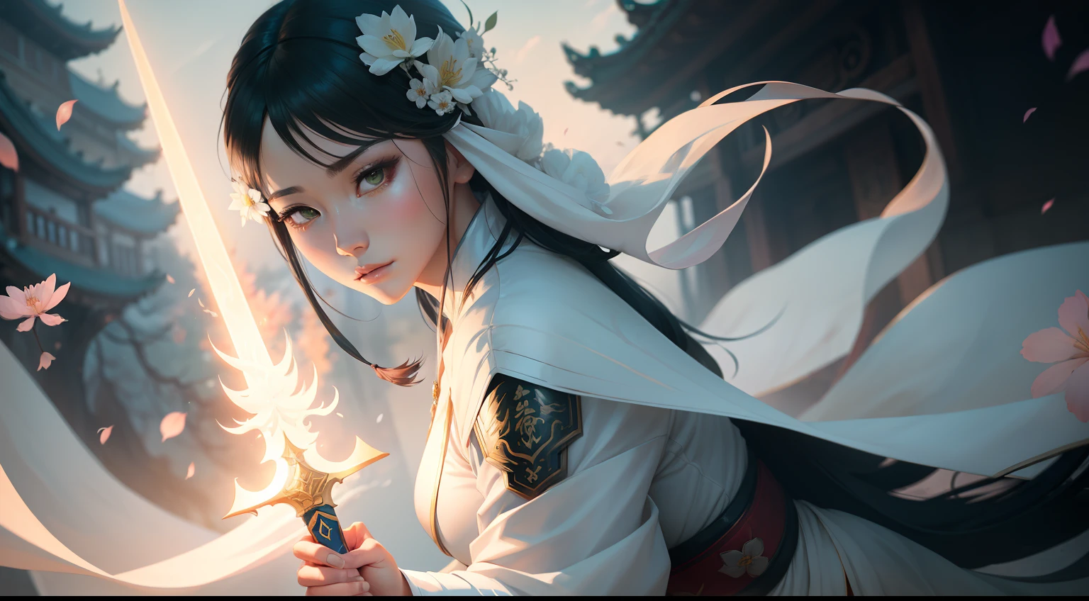 a close up of a woman with a sword in a white dress, trending on cgsociety, fantasy art, beautiful character painting, artwork in the style of guweiz, guweiz, white hanfu, flowing white robes, full body wuxia, epic exquisite character art, stunning character art, beautiful female assassin in a chinese village, with flowers and green tree scenario
