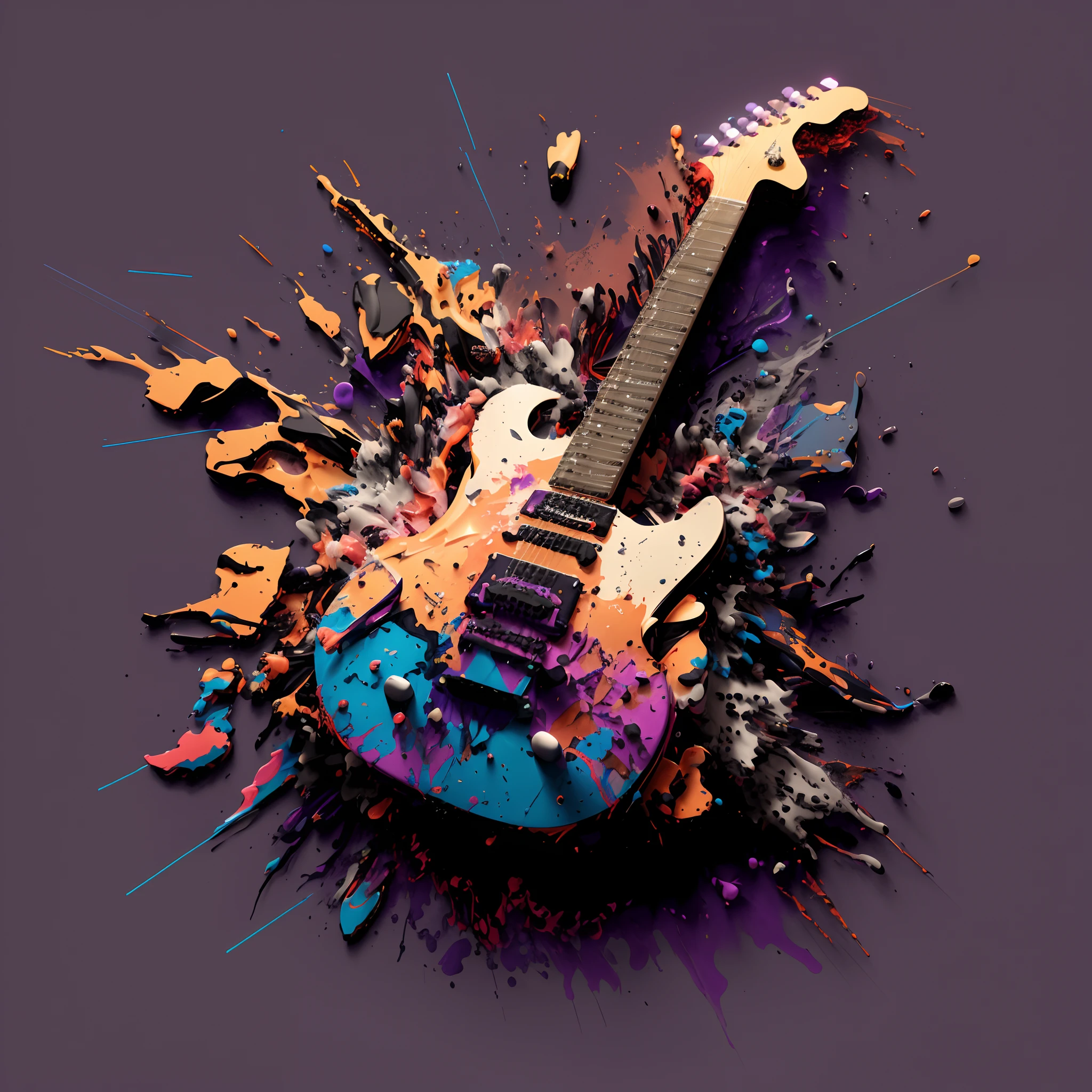 Colorful electric guitar with splashes of paint on a purple background, Electric guitar, Futuristic electric guitar, Concept art of acoustic guitar, highly detailed composition, acoustic guitar, rocking out, energetic composition, acoustic guitar, colorful explosion, solo by acoustic guitar, Electric guitars, 3d abstract render overlayed, music poster, colorful explosion, Rocha, Quebrando, sharp high quality artwork