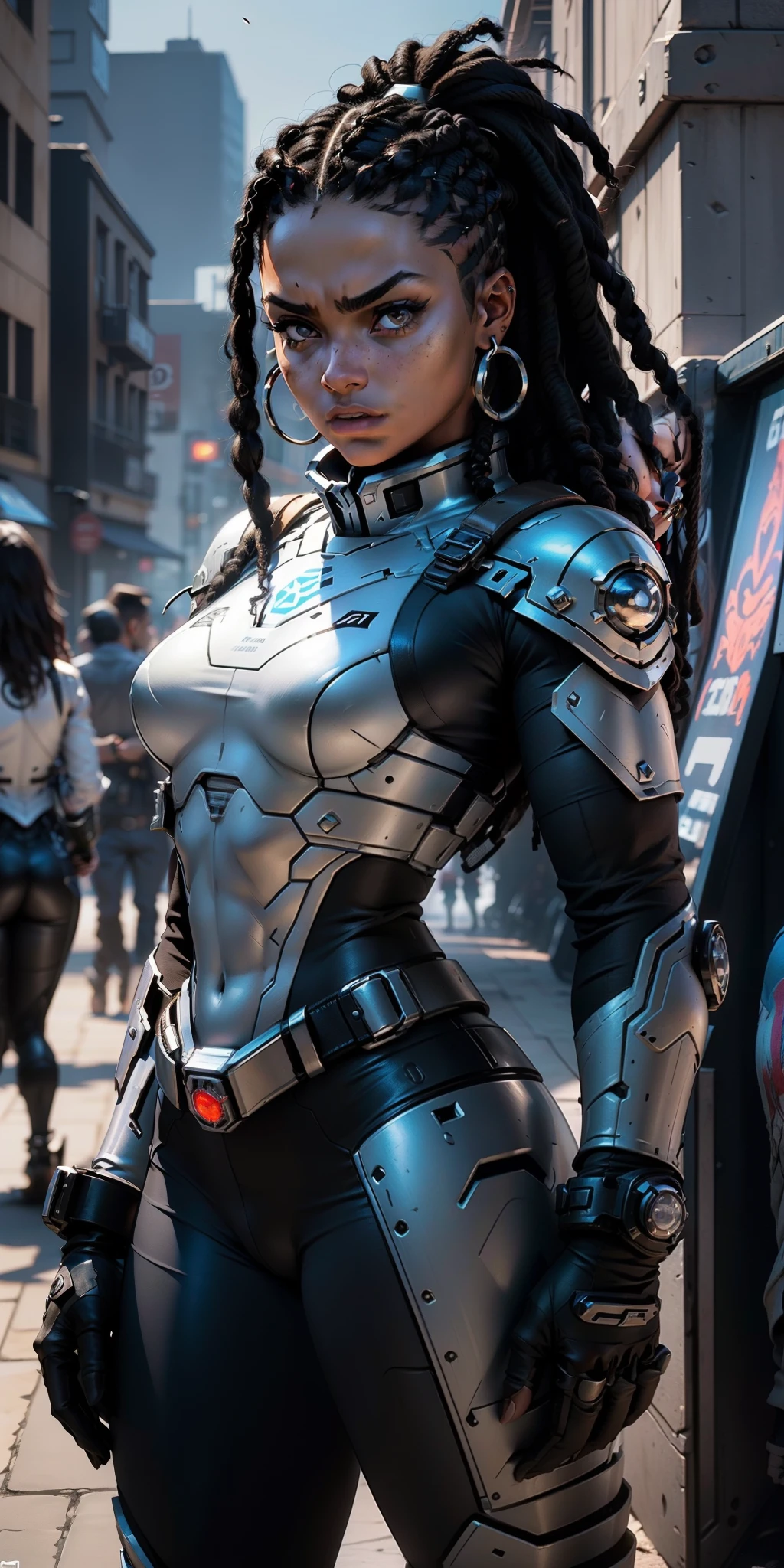 best quality, Ultra Detalhado, master part, 1 mulher negra de 18 anos, pele negra, Science fiction wrestler, Jogo de Gears of War, ((1 mulher negra de 18 anos, pele negra, cabelo dreadlock, rosto bonita, rosto bem desenhado, symmetrical face, detailed hands, well drawn hands, symmetric eyes, corpo esguio: 1.2, sci-fi soldier, [[[Armadura NSFW Sci-Fi]]], corpo esguio, corpo inteiro, peito pequeno)), dynamic pose, Pose de combate, motor ureal 5, 8k, drama ao vivo, apocalyptic cityscape, proporcional, symmetric, proportion Aurea, art-station, Velhaco, Dynamic Combat Pose