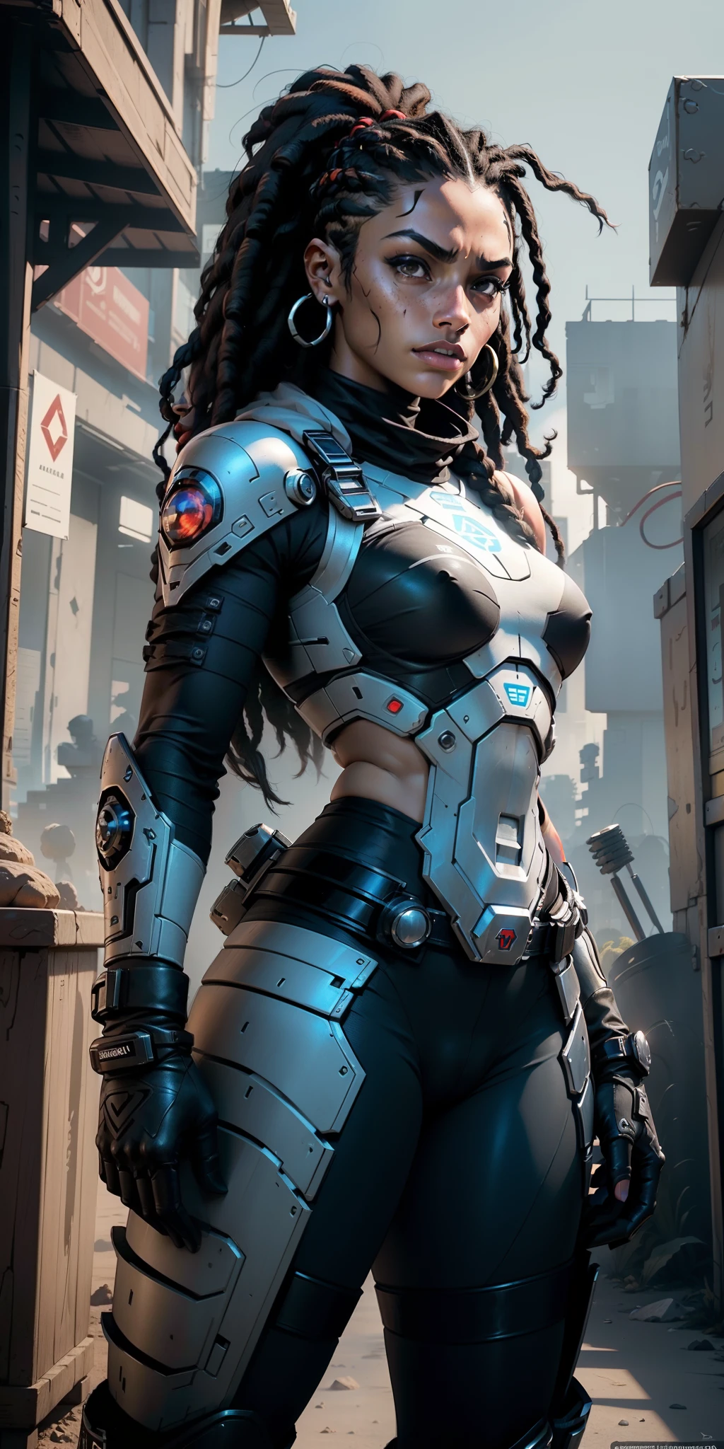 best quality, Ultra Detalhado, master part, 1 mulher negra de 18 anos, pele negra, Science fiction wrestler, Jogo de Gears of War, ((1 mulher negra de 18 anos, pele negra, cabelo dreadlock, rosto bonita, rosto bem desenhado, symmetrical face, detailed hands, well drawn hands, symmetric eyes, corpo esguio: 1.2, sci-fi soldier, [[[Armadura NSFW Sci-Fi]]], corpo esguio, corpo inteiro, peito pequeno)), dynamic pose, Pose de combate, motor ureal 5, 8k, drama ao vivo, apocalyptic cityscape, proporcional, symmetric, proportion Aurea, art-station, Velhaco, Dynamic Combat Pose