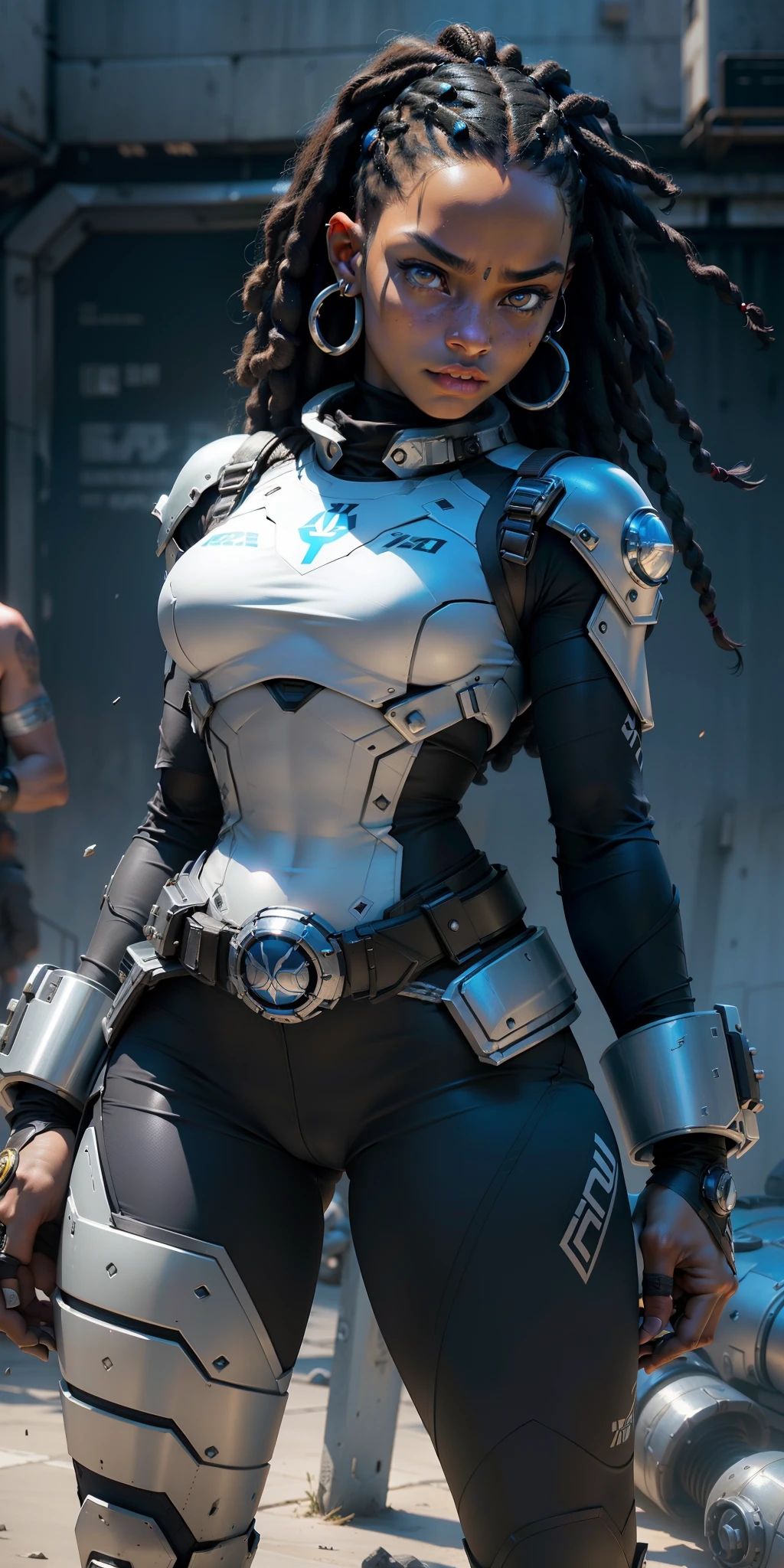 best quality, Ultra Detalhado, master part, 1 mulher negra de 18 anos, pele negra, Science fiction wrestler, Jogo de Gears of War, ((1 mulher negra de 18 anos, pele negra, cabelo dreadlock, rosto bonita, rosto bem desenhado, symmetrical face, detailed hands, well drawn hands, symmetric eyes, corpo esguio: 1.2, sci-fi soldier, [[[Armadura NSFW Sci-Fi]]], corpo esguio, corpo inteiro, peito pequeno)), dynamic pose, Pose de combate, motor ureal 5, 8k, drama ao vivo, apocalyptic cityscape, proporcional, symmetric, proportion Aurea, art-station, Velhaco, Dynamic Combat Pose