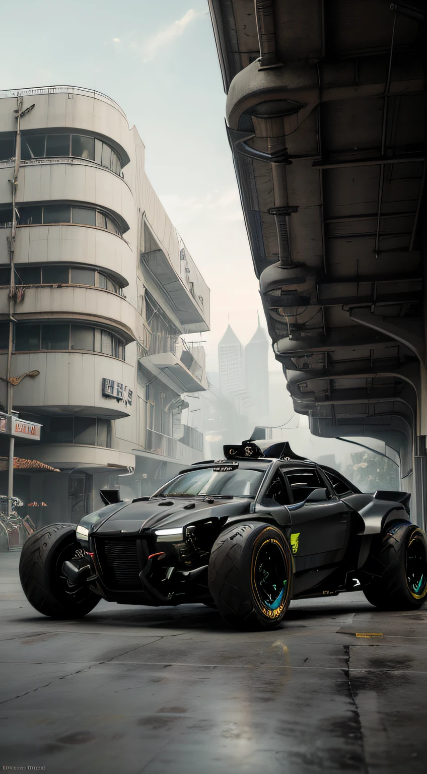 a 3/4 front view of ((futuristic cyberpunk hotrod motorcycle)) (with glowing tires), at the parking lot,
