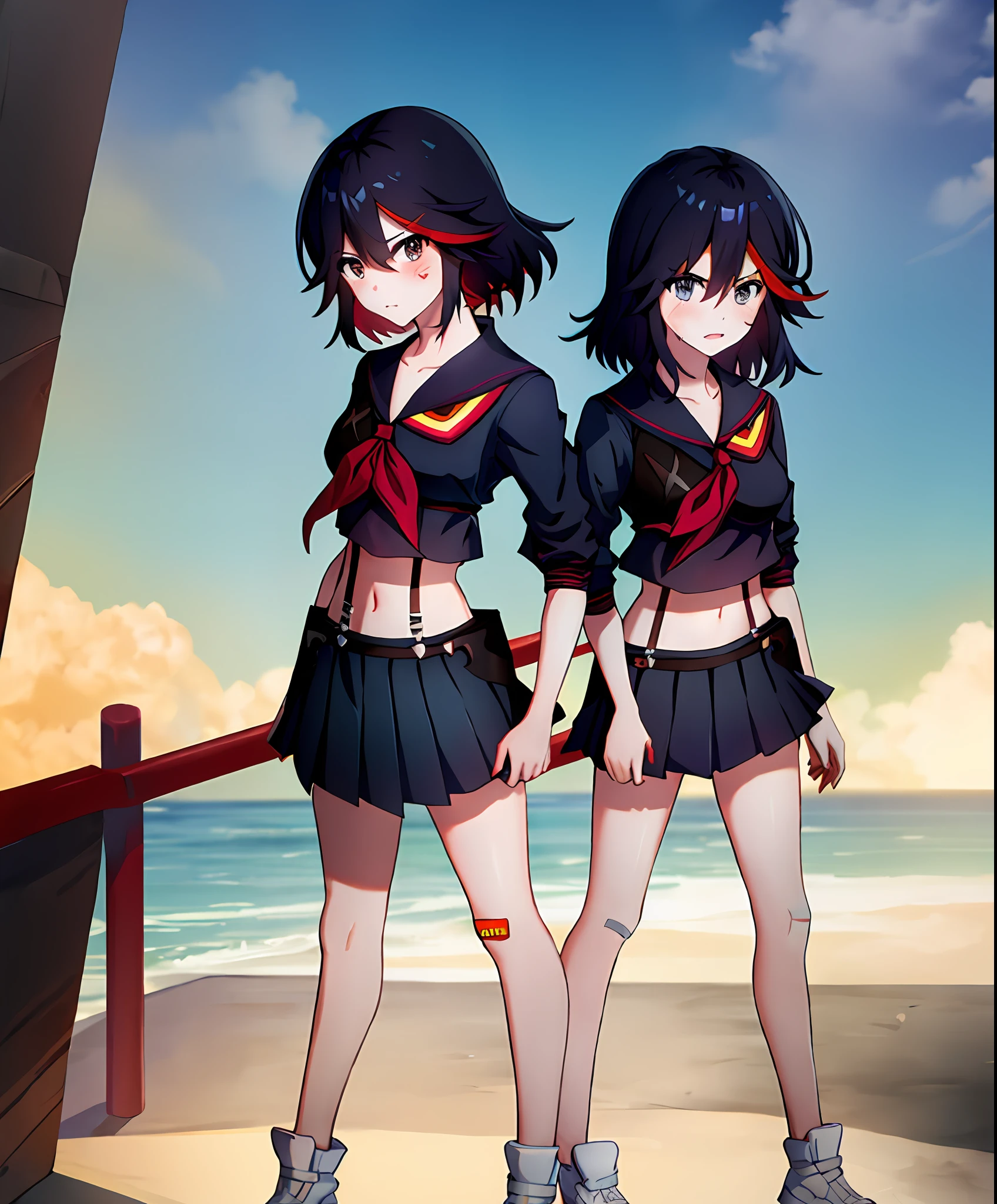 masterpiece, best quality, ultra-detailed, illustration,bandaid,matoi_ryuuko:1.3, bandaid_on_face,2girls,black_hair,injury,bandaid_on_leg,bandages,bandaid_on_nose,suspenders,multicolored_hair,bruise,skirt,bandage_on_face,short_hair,red_hair,serafuku,streaked_hair,midriff,bandaid_on_knee,senketsu, duo, pleated_skirt,full body, hand on hip,sun set:2,ocean:2,depth of field, cloudy sky, view at the back, Kamakura,handrail, water reflection, twins, red hair for one twin, twin pose