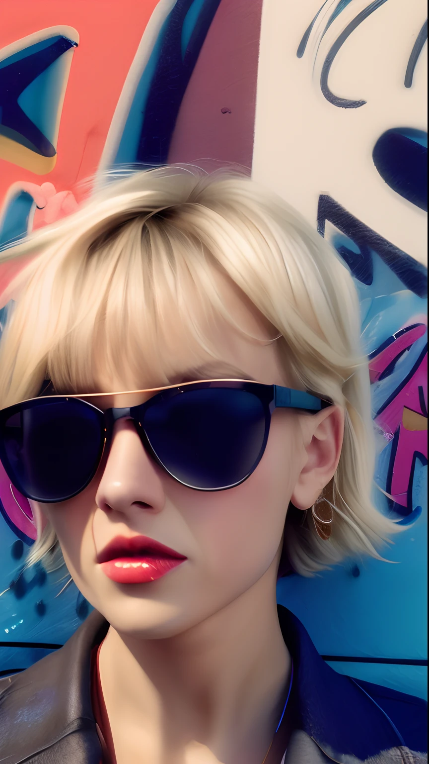 raw, 8k, 1:1, girl with relaxed look, short blond hair, wearing sunglasses, posing at a london street, in front of a graffited wall, detailed, realistic, shy look, sunlight.