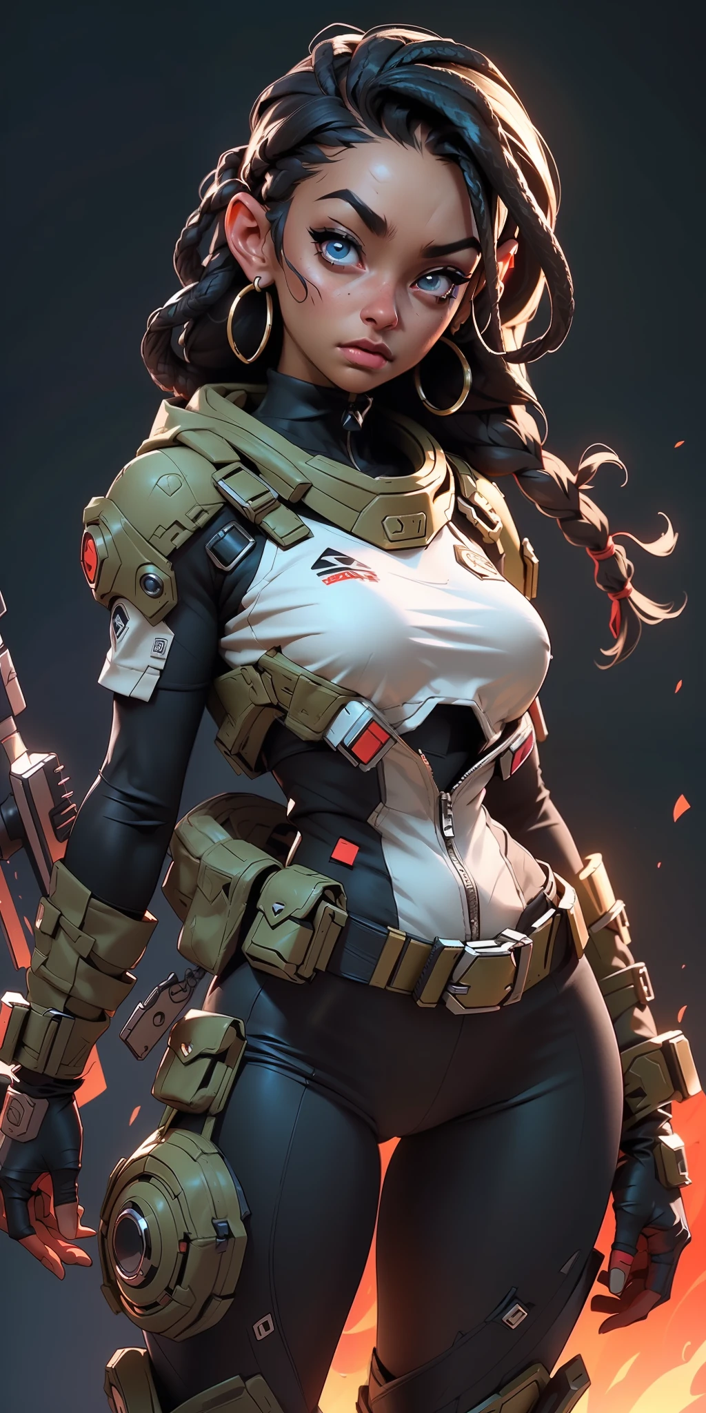 best quality, Ultra Detalhado, master part, 1 mulher negra nsfw de 18 anos, pele negra, Sci-Fi Fighter, Jogo de Gears of War, ((1 mulher negra de 18 anos, pele negra, cabelo dreadlock, rosto bonita, rosto bem desenhado, symmetrical face, detailed hands, well drawn hands, symmetric eyes, corpo esguio: 1.2, sci-fi soldier, usando armadura sci-fi, corpo esguio, corpo inteiro, peito pequeno)), dynamic pose, Pose de combate, motor ureal 5, 8k, drama ao vivo, apocalyptic cityscape, proporcional, symmetric, proportion Aurea, art-station, Velhaco, Dynamic Combat Pose