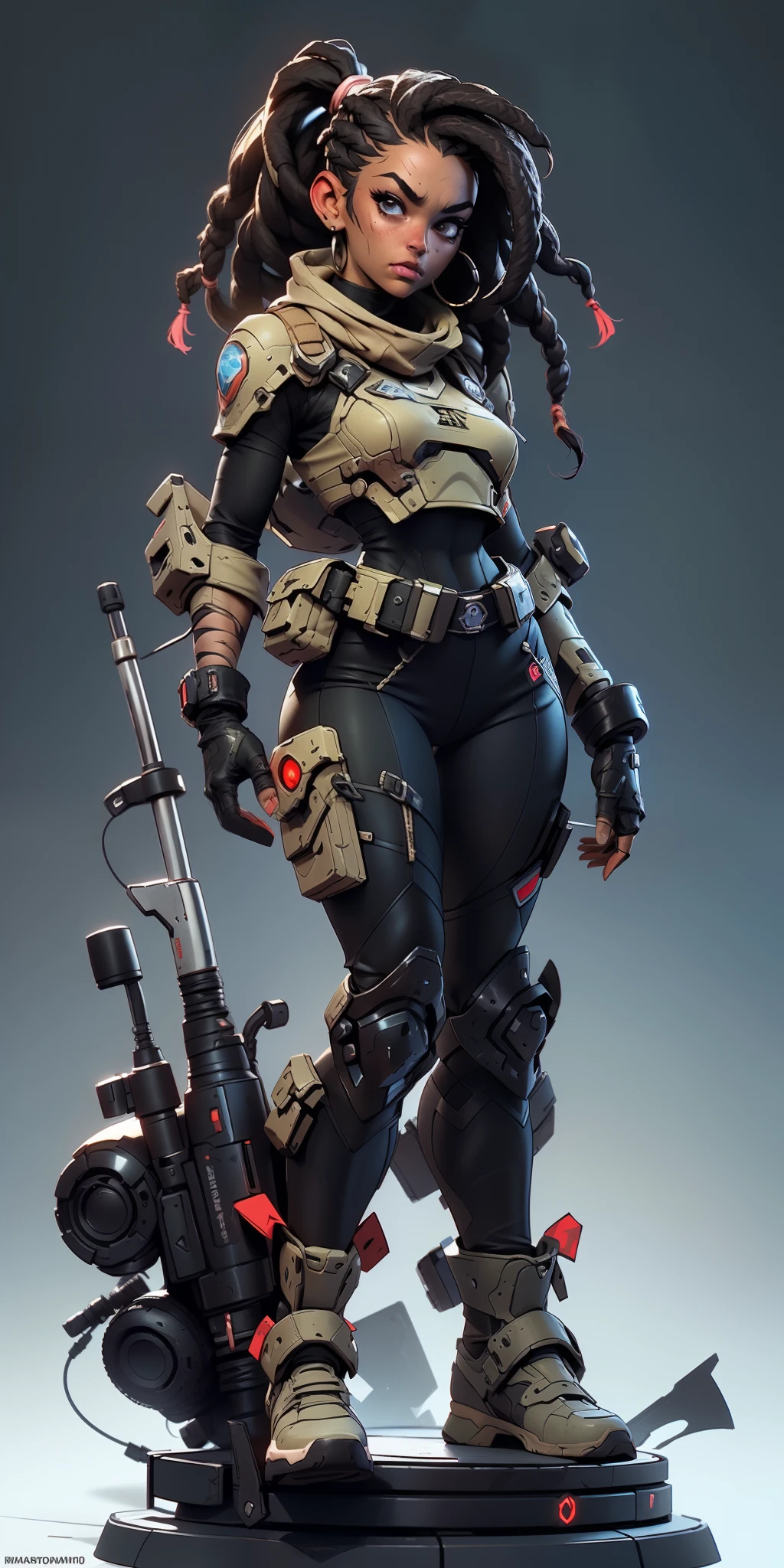best quality, Ultra Detalhado, master part, 1 mulher negra nsfw de 18 anos, pele negra, Sci-Fi Fighter, Jogo de Gears of War, ((1 mulher negra de 18 anos, pele negra, cabelo dreadlock, rosto bonita, rosto bem desenhado, symmetrical face, detailed hands, well drawn hands, symmetric eyes, corpo esguio: 1.2, sci-fi soldier, usando armadura sci-fi, corpo esguio, corpo inteiro, peito pequeno)), dynamic pose, Pose de combate, motor ureal 5, 8k, drama ao vivo, apocalyptic cityscape, proporcional, symmetric, proportion Aurea, art-station, Velhaco, Dynamic Combat Pose